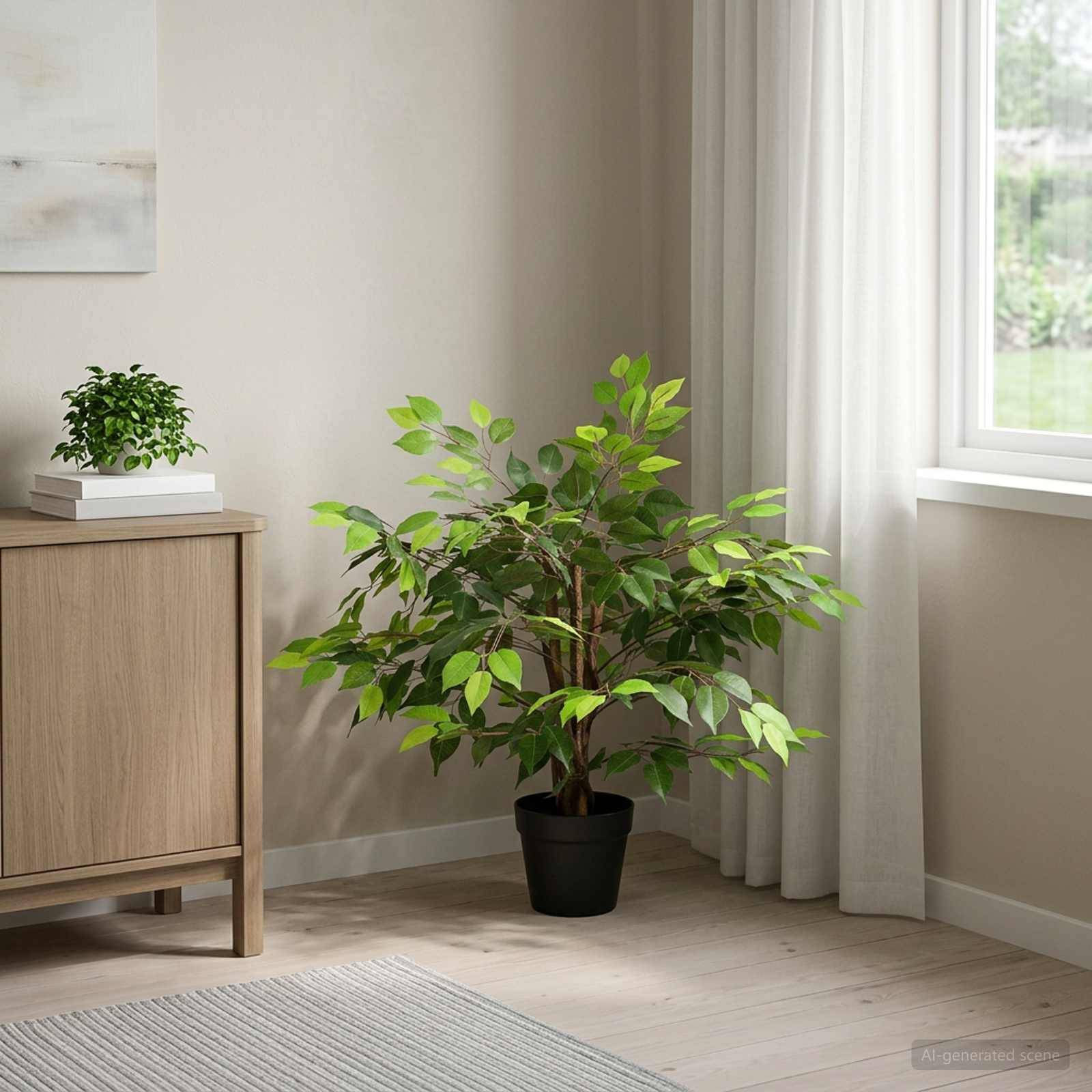 Getopfter Zimmerbaum neben einem Fenster in einem hellen, minimalistischen Raum mit einem Holzschrank und Teppich.