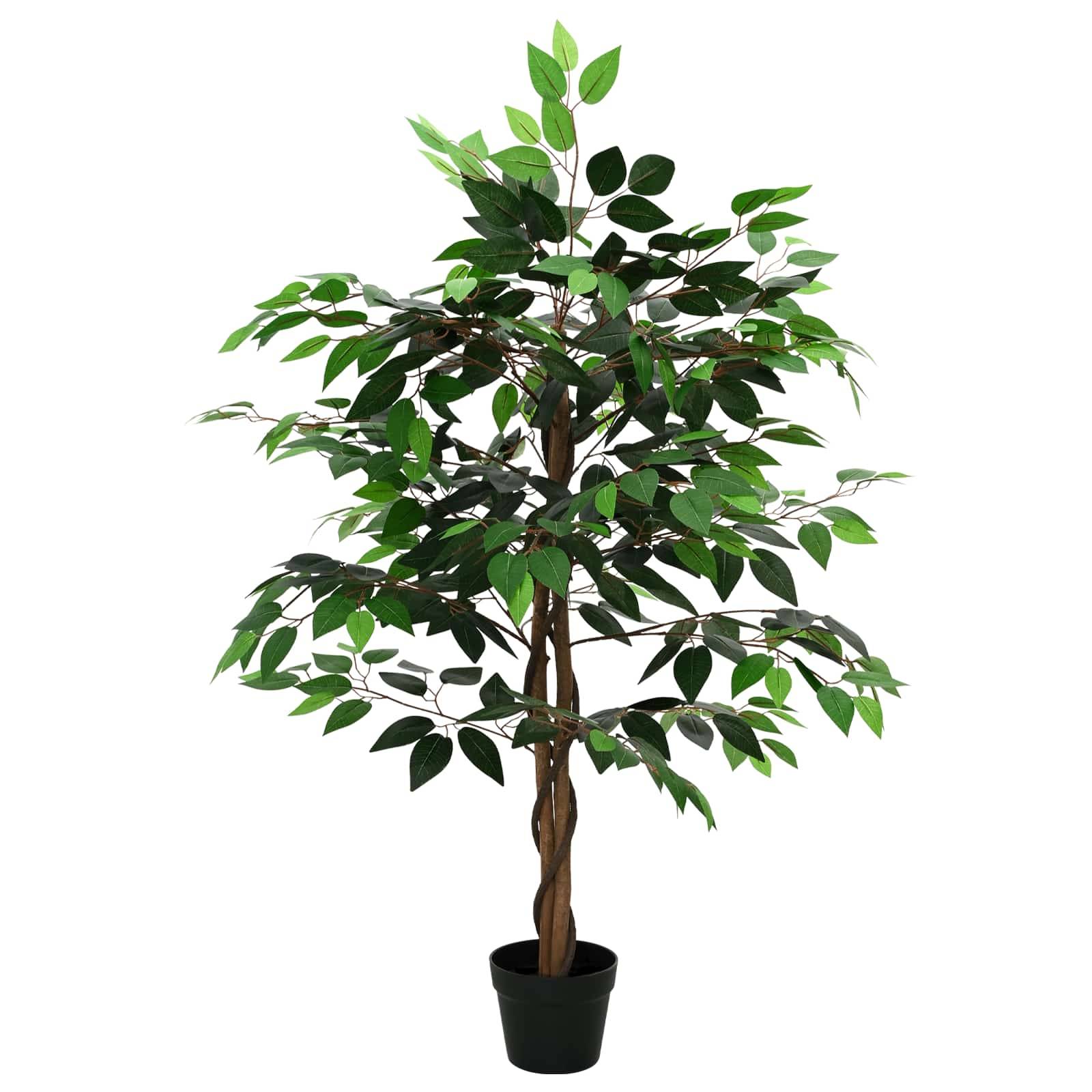 Getopfter künstlicher Innenbaum mit grünen Blättern auf weißem Hintergrund.