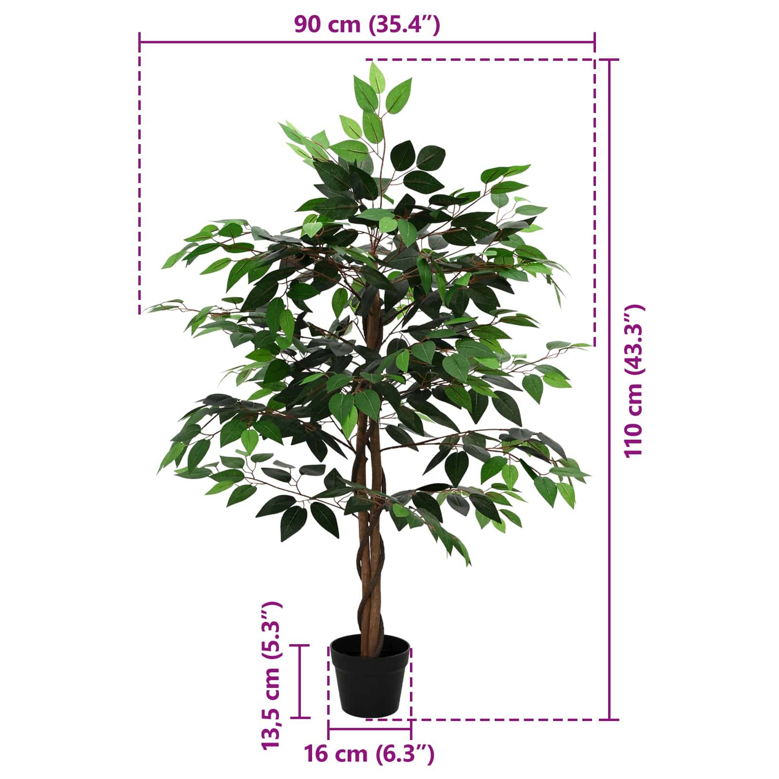 Künstlicher Topfbaum mit folgenden Abmessungen: 110 cm Höhe, 90 cm Breite und 13,5 cm Topfhöhe; 16 cm Topfdurchmesser.