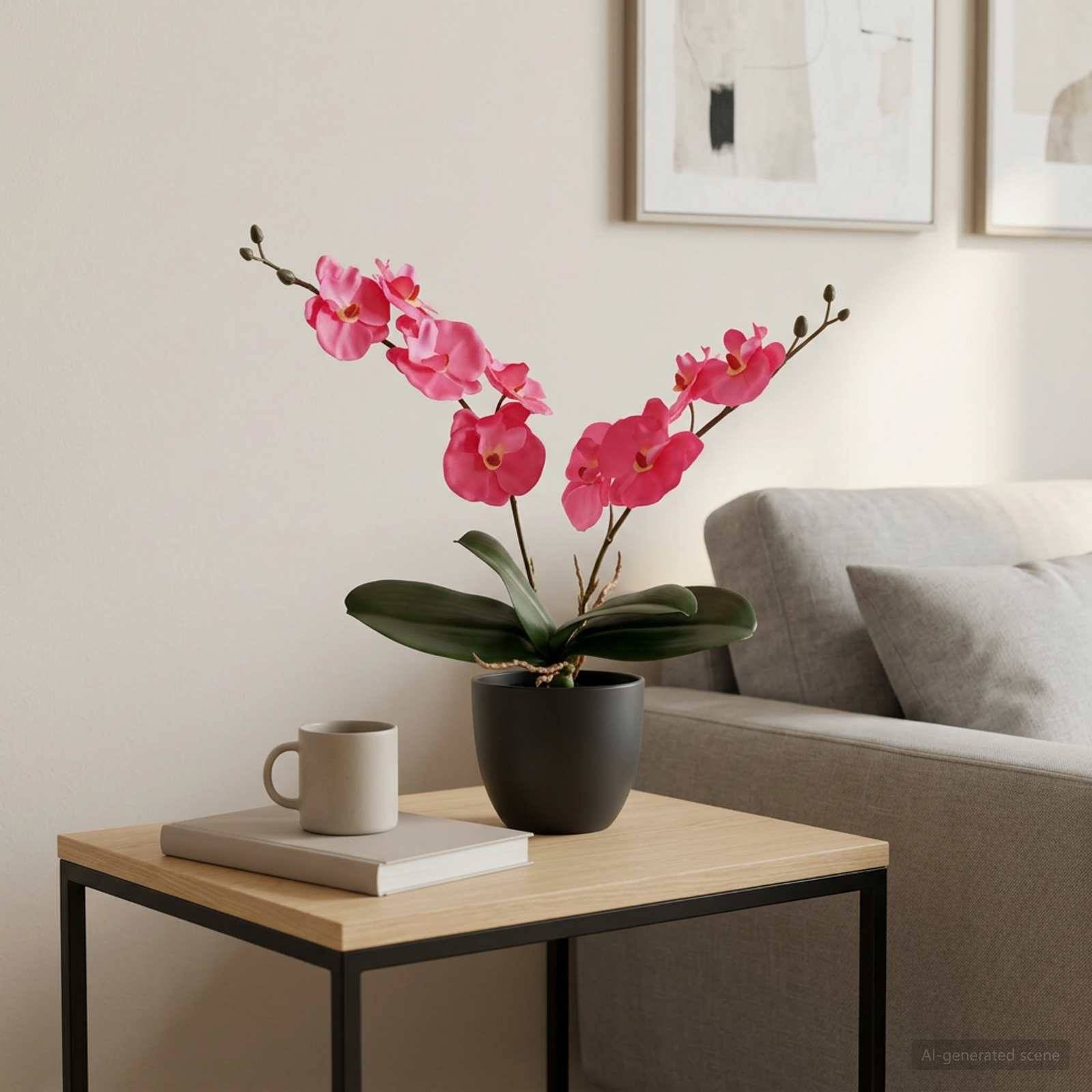 Rosa Orchidee in einem schwarzen Topf auf einem Couchtisch neben einer Tasse und einem Buch in einem modernen Wohnzimmer mit einem Sofa.