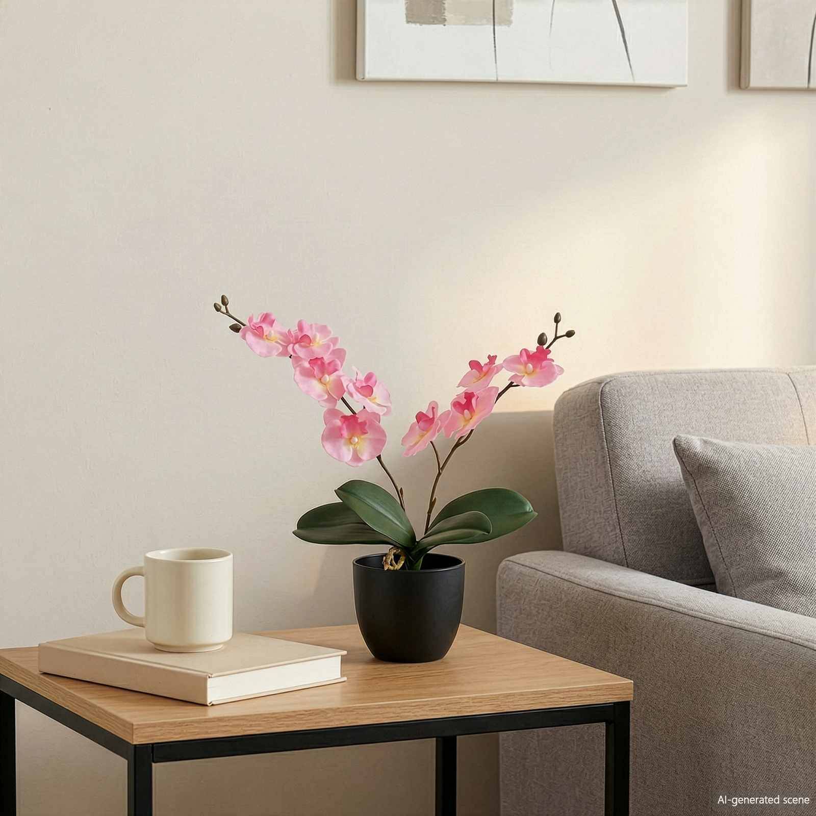 Minimalistisches Wohnzimmer mit einem grauen Sofa, Holzbeistelltisch mit einer Tasse und einem Buch, und einem schwarzen Topf mit rosa Orchideenblüten.
