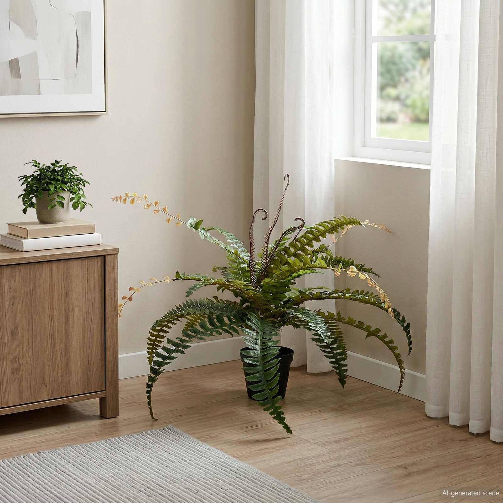Topfpflanze Farn mit bogig hängenden Wedeln neben einem sonnenbeschienenen Fenster in einem minimalistischen Zimmer mit Holzboden und einem Schrank.