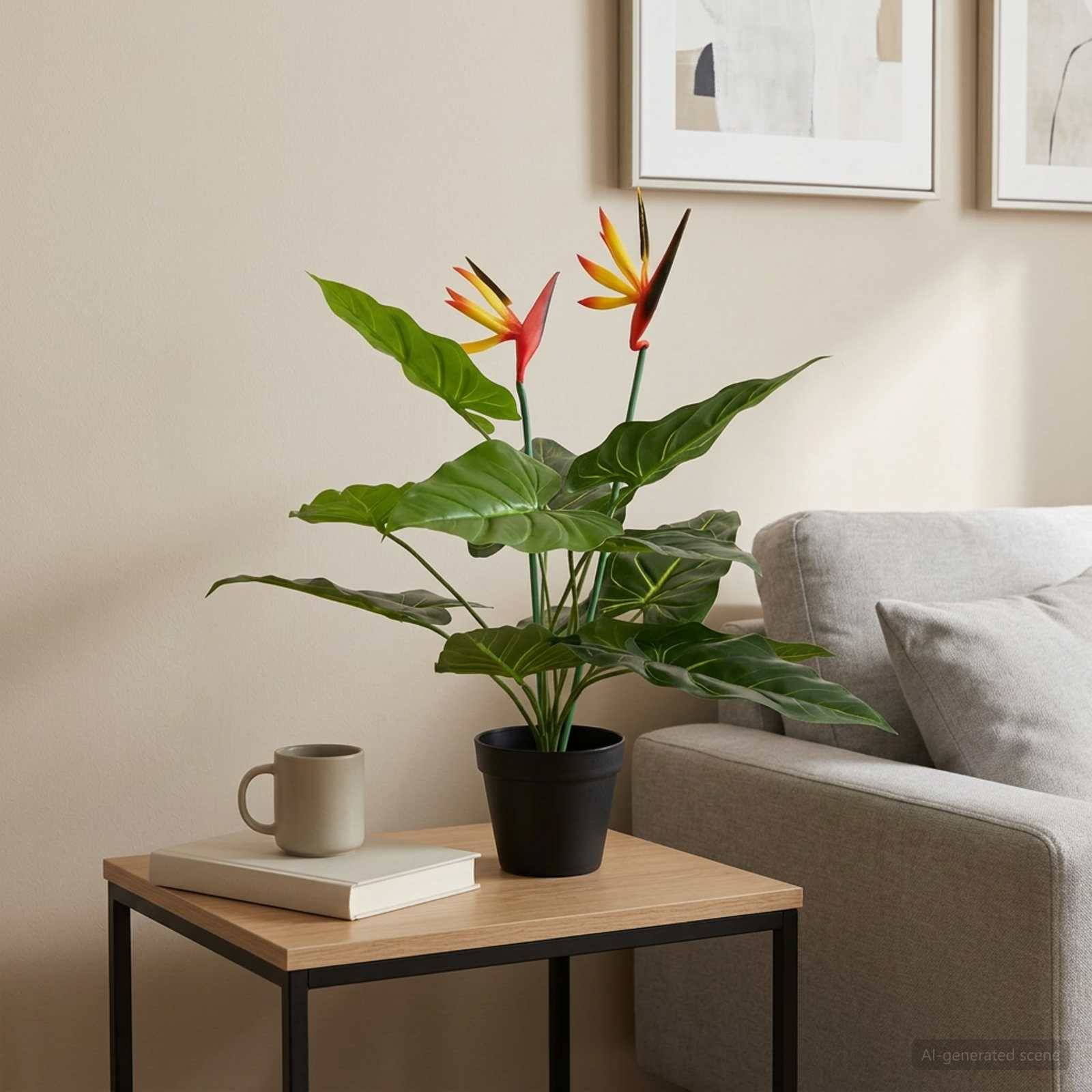 Getopfter Vogel-der-Paradies auf einem kleinen Beistelltisch neben einem Sofa, mit einer Tasse und einem Buch in einem minimalistischen Wohnzimmer.