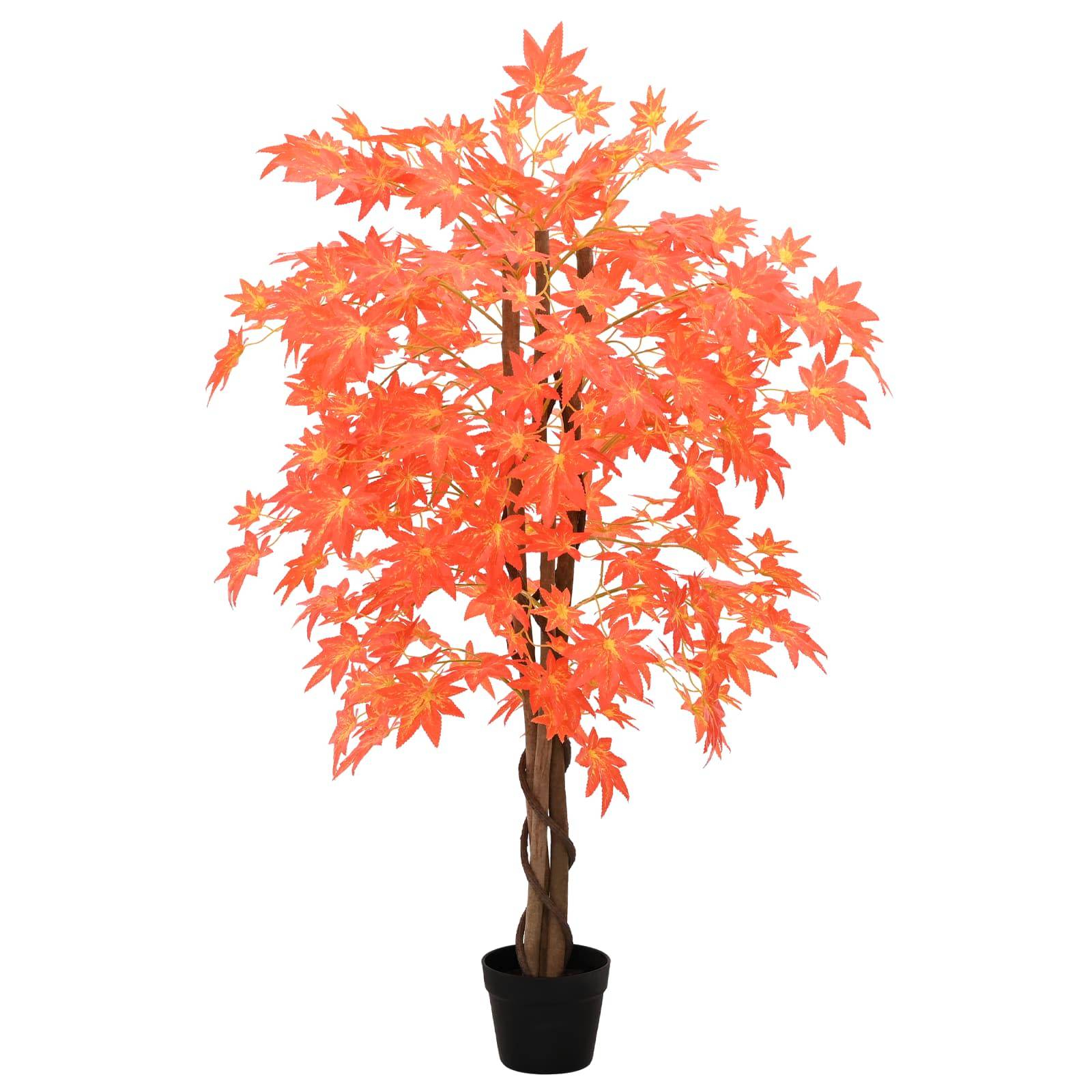Kunstbaum im Topf mit leuchtend orange-roten ahornähnlichen Blättern auf weißem Hintergrund.