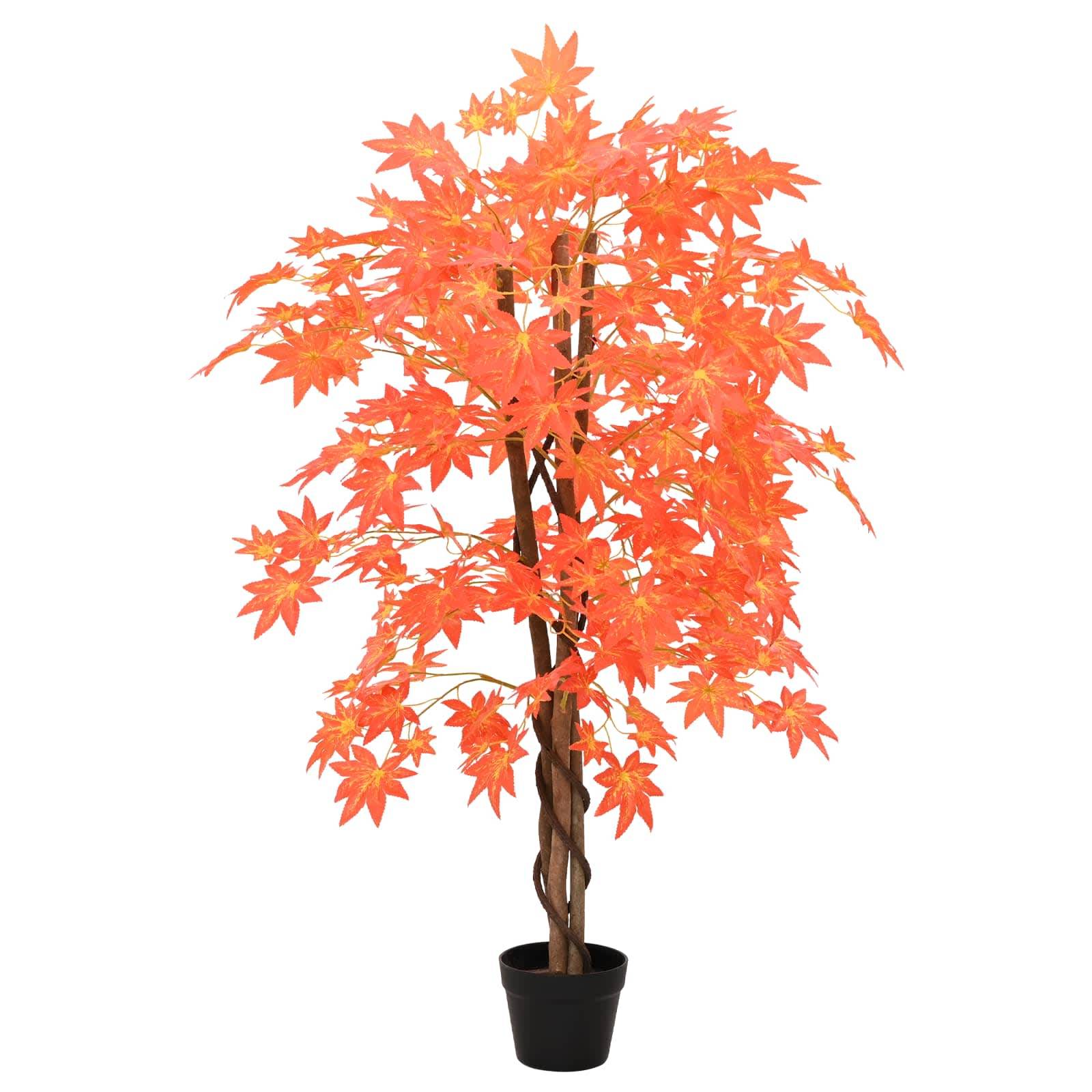 Künstlicher Ahornbaum im Topf mit leuchtend orangeroten Herbstblättern auf weißem Hintergrund.