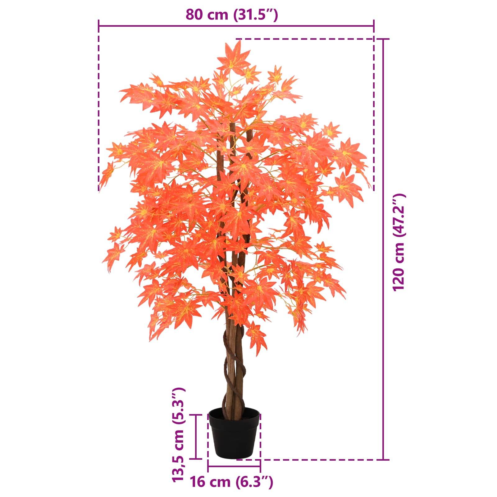 Künstlicher Orangenblatt-Topfbaum mit beschrifteten Abmessungen: 120 cm hoch, 80 cm breit, 13,5 cm Topfhöhe, 16 cm Topfbreite.