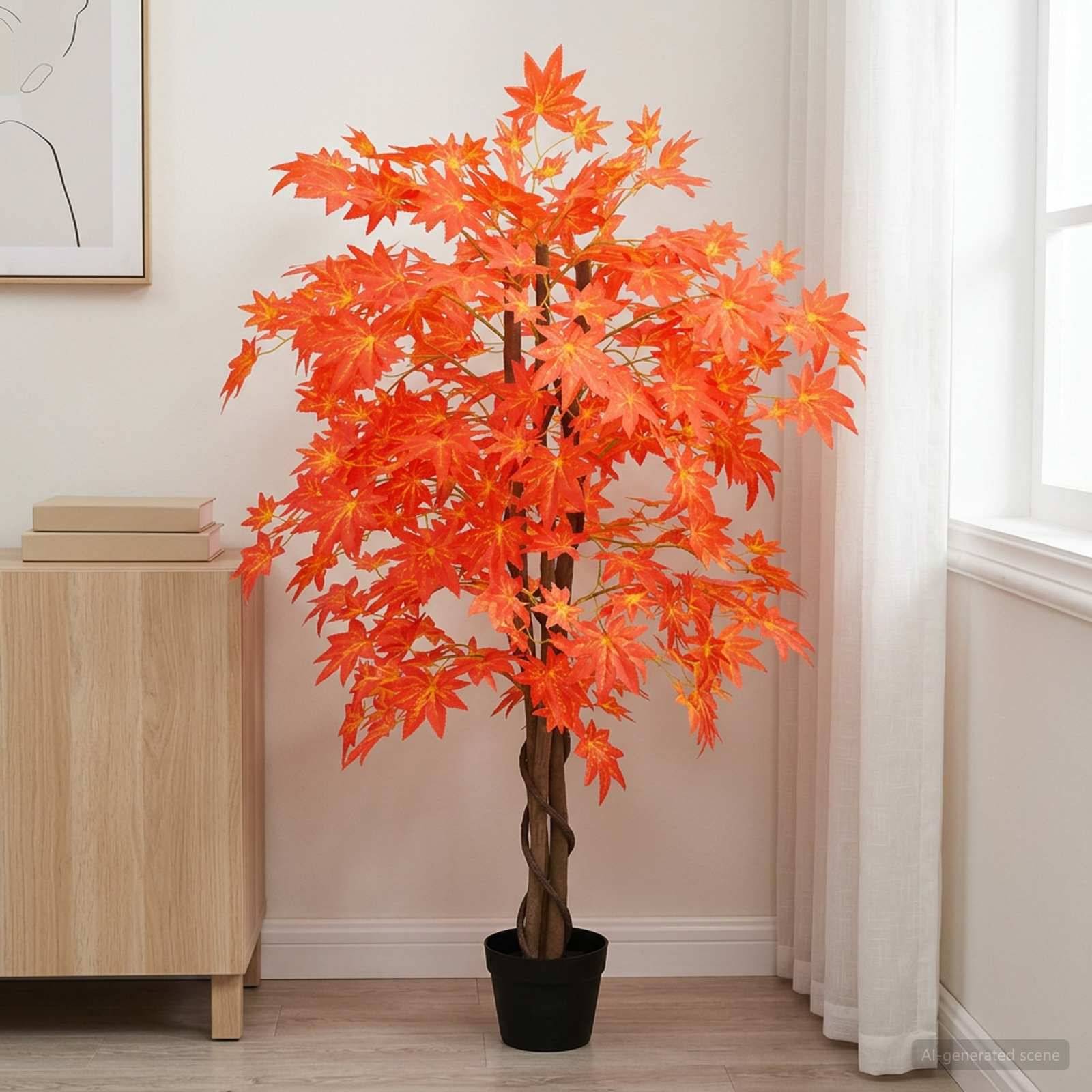 Künstlicher topfiger Ahornbaum mit leuchtend orangefarbenen Blättern, der neben einem Fenster in einem minimalistischen Zimmer steht.