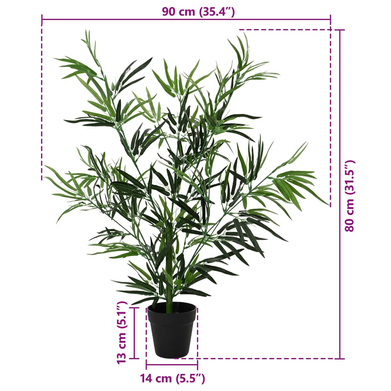 Künstliche Bambuspflanze im Topf mit beschrifteten Maßen: 90 cm breit, 80 cm hoch, 14 cm Topfbreite und 13 cm Topfhöhe.