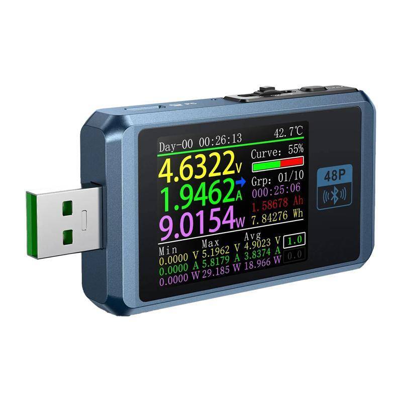 USB-Strommessgerät mit Farbdisplay, das Spannung, Stromstärke, Leistung, Temperatur und Energiedaten zur Überprüfung des Geräteladevorgangs anzeigt.