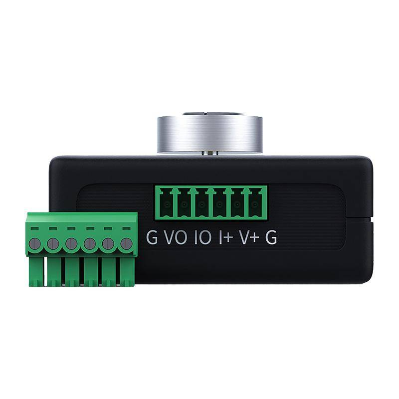 Schwarzes elektronisches Modul mit silbernem Drehknopf und grünen Anschlussklemmen mit den Beschriftungen G, VO, IO, I+, V+, G.