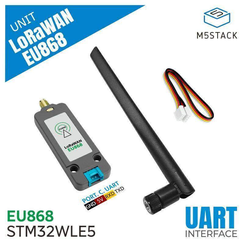 Produktbild eines M5Stack Unit LoRaWAN EU868 Moduls mit Antenne und Kabel, gekennzeichnet mit 'EU868 STM32WLE5' und 'UART INTERFACE'.