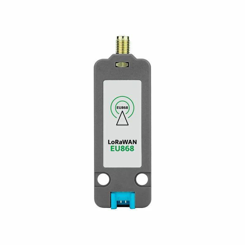 LoRaWAN EU868 kabelloses Sensormodul mit Antennenstecker und USB-Port auf weißem Hintergrund.
