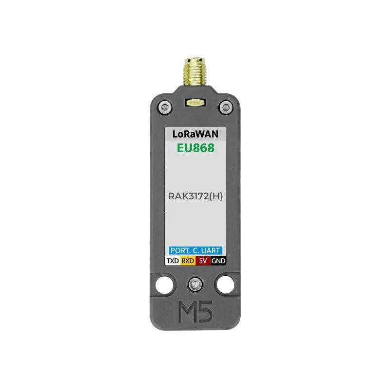 LoRaWAN EU868 RAK3172(H) Modul mit Antennenverbinder, M5-Gehäuse und beschrifteten UART-Pins auf weißem Hintergrund.