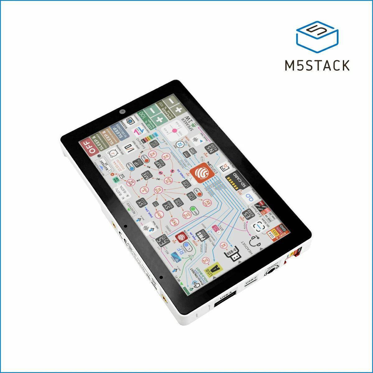 M5Stack-Touchscreen-Controller-Gerät in Schrägansicht, mit einer farbenfrohen App-ähnlichen Benutzeroberfläche und dem M5Stack-Logo in der Ecke.