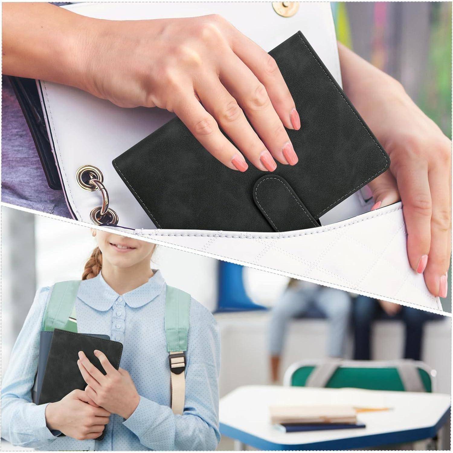 Collage eines Schülers, der eine schwarze Geldbörse in einer Rucksacktasche trägt, was eine sichere Möglichkeit zum Aufbewahren von Wertsachen in der Schule nahelegt.