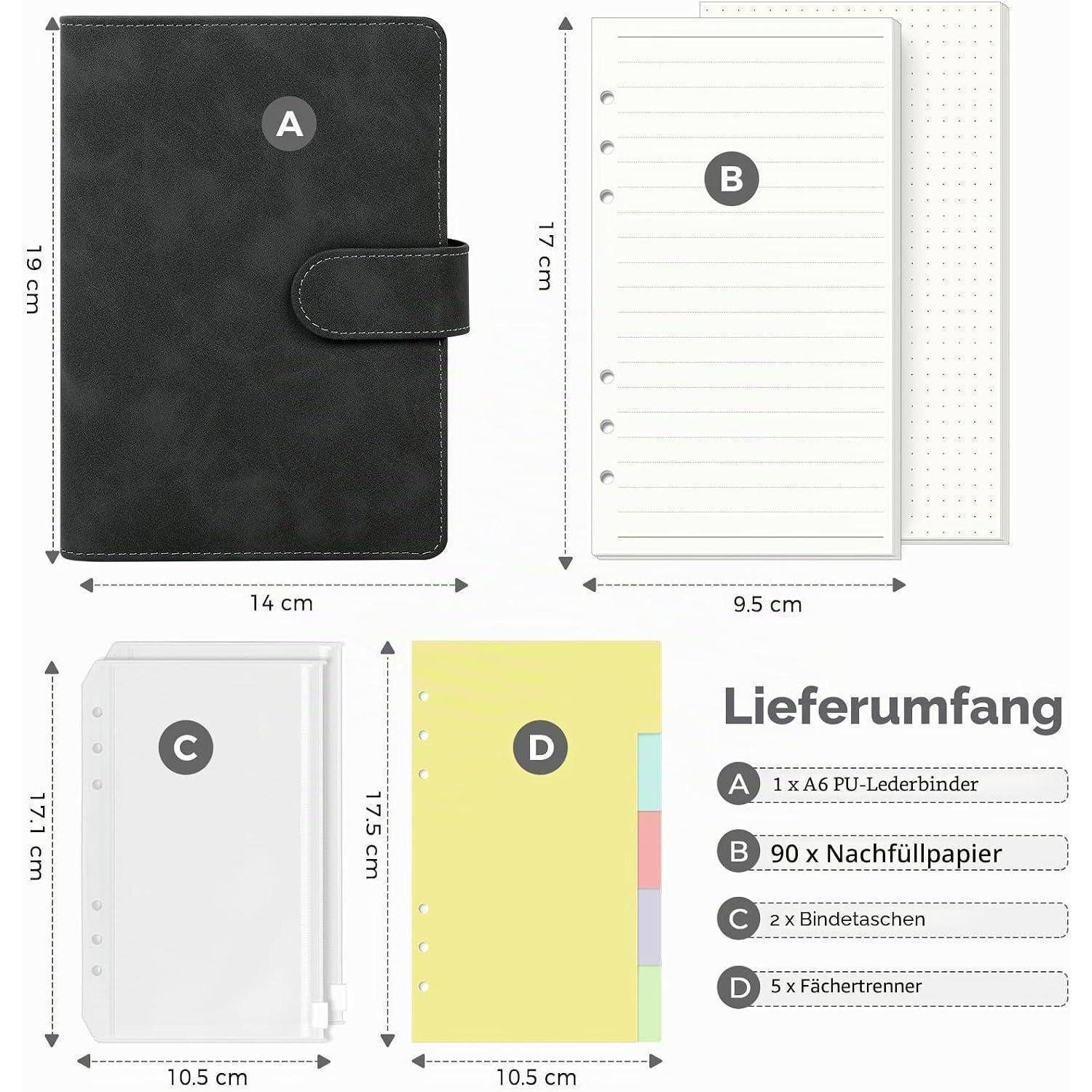 Produktvergleichsgrafik, die einen schwarzen PU-Ordner, Nachfüllpapier, Bindungstaschen und 5 Trennblätter mit beschrifteten Größen A-D und eine Liste des Inhalts 