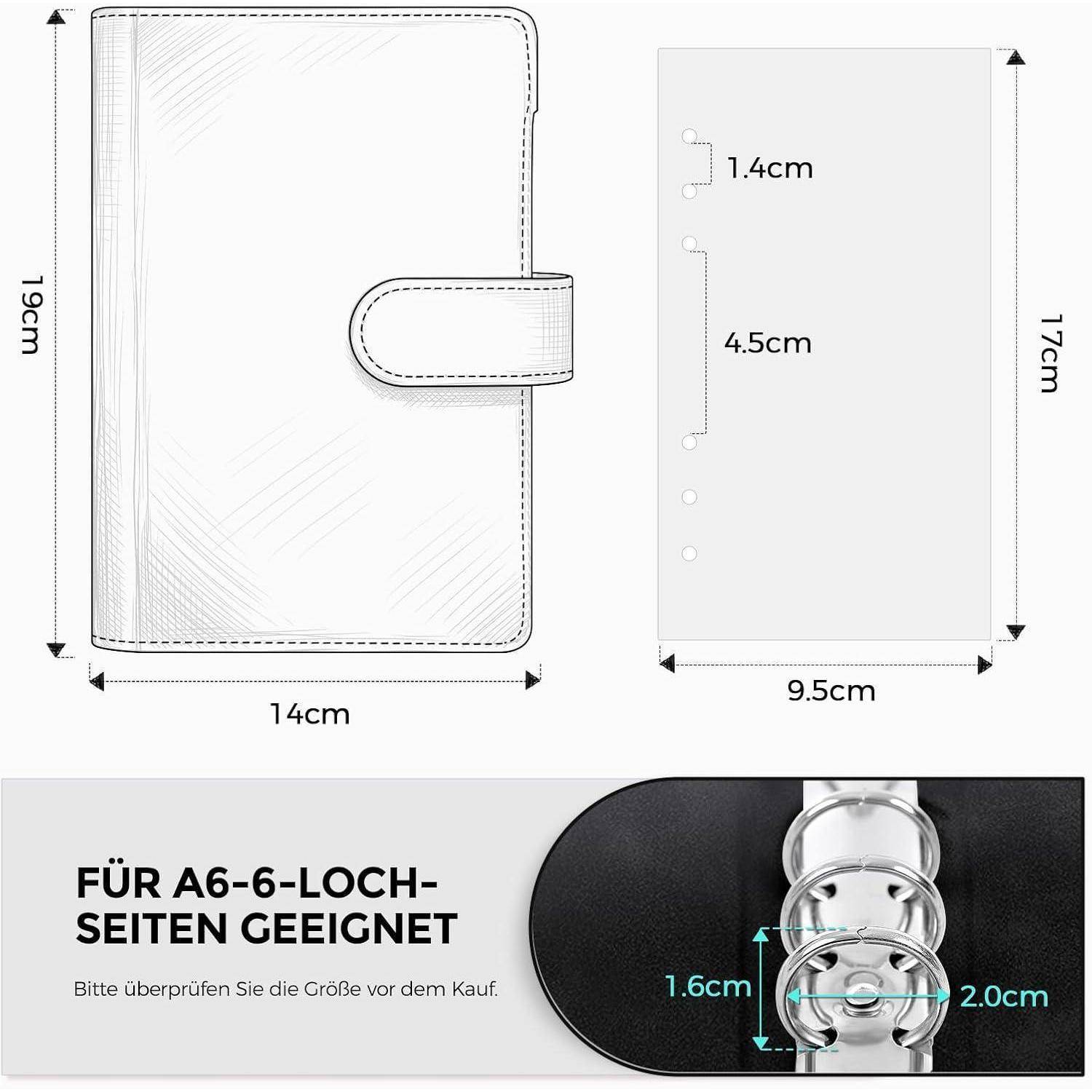 Illustration eines Ring-Binder-Planerumschlags, 19 x 14 cm, mit A6-6-Loch-Seiten in der Größe 17 x 9,5 cm und Lochabständen markiert 1,4 cm, 4,5 cm, 1,6 cm und 2,0 cm.