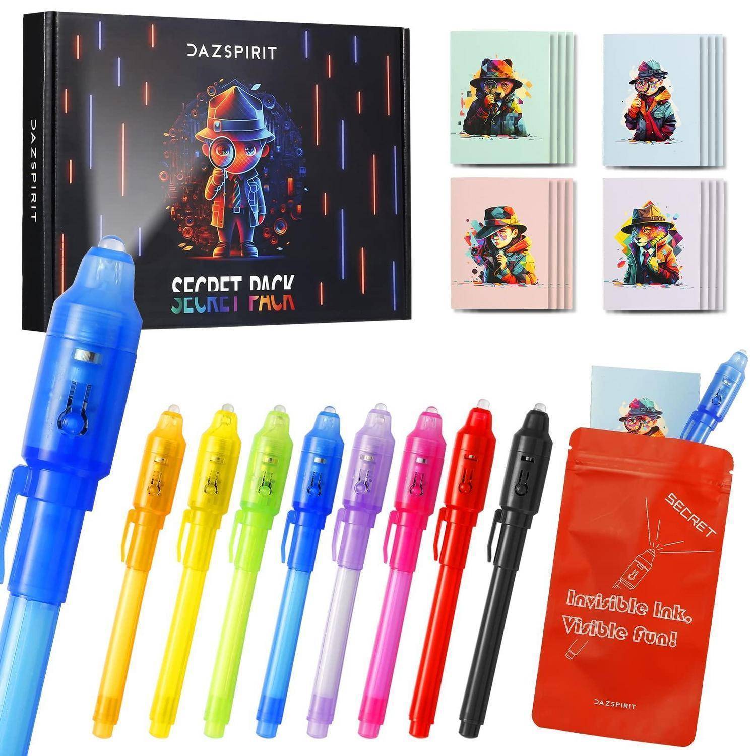 Set von farbigen Geheimschreiber-Stiften mit UV-Licht-Stift, Geheimbotschafts-Notizbuch und Verpackungsschachtel, dargestellt als Kinder-Spionage-Aktivitätsset.