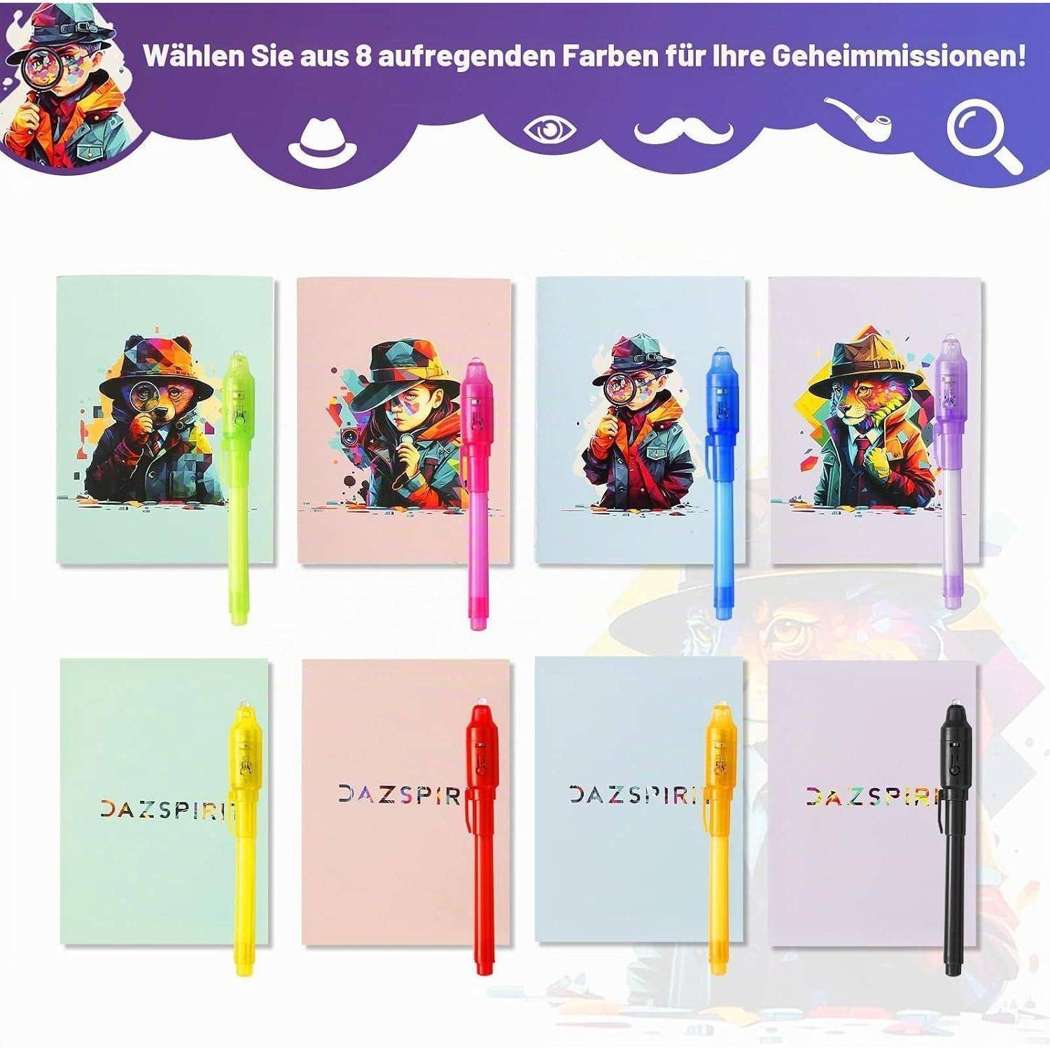 Anzeige für Dazspiri-Stifte mit 8 Farboptionen, mit einer farbenfrohen Detektiv-Illustration auf Notizbuchcovern und passenden Stiften in mehreren Farben.