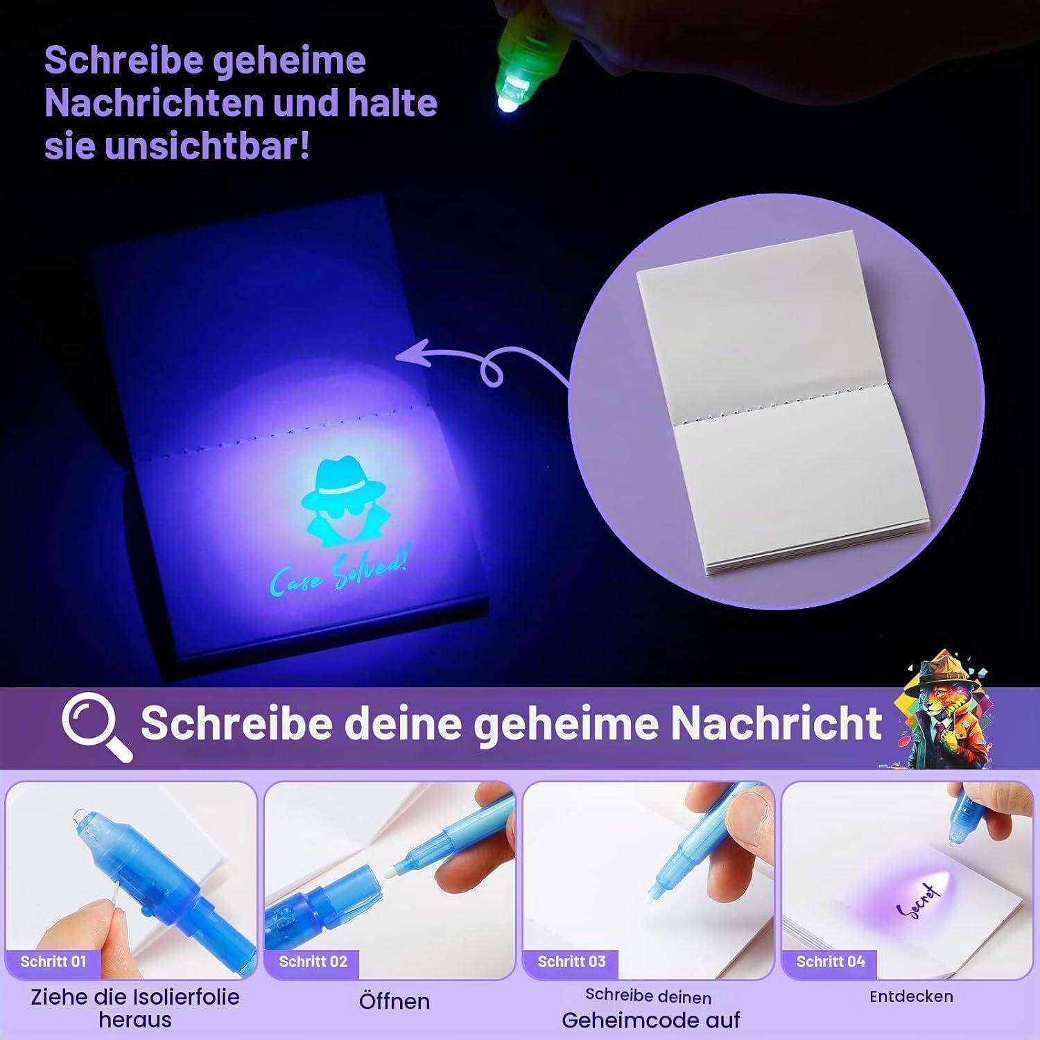 Werbegrafik für unsichtbare Nachrichten: UV-Stift und Karte mit verborgenem Text, plus vier Schritte zum Schreiben und sichtbar machen.