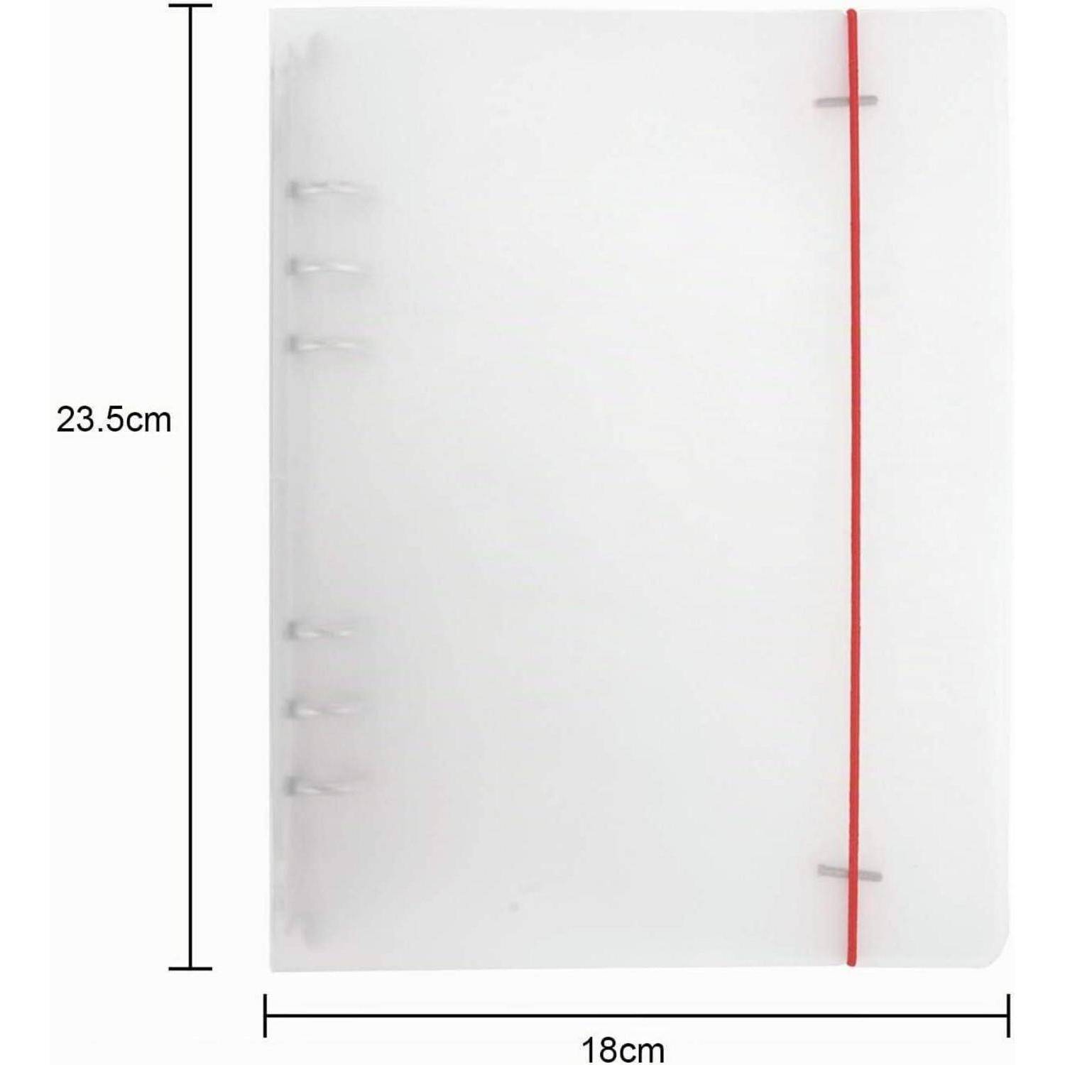 Transparente Kunststoff-Ringbuch-Dokumentenhülle mit roterem Rücken, dargestellt mit den Abmessungen 23,5 cm Höhe und 18 cm Breite.
