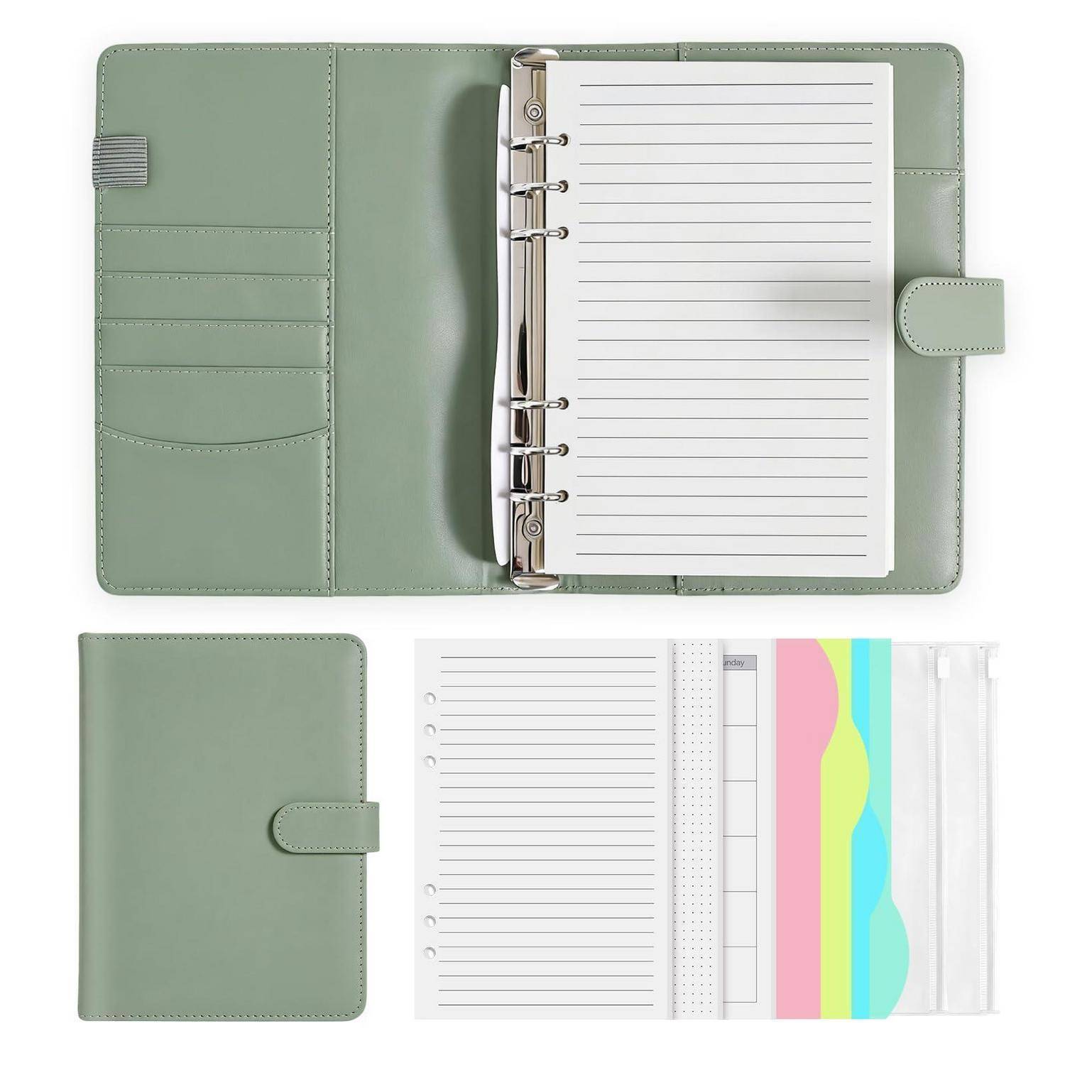 Mintgrünes Planerheft mit sechs Ringen, aufgeklappt mit linierten Seiten und Taschen, sowie geschlossene Ansicht mit farbigen Registerkarten und Einsätzen darunter.