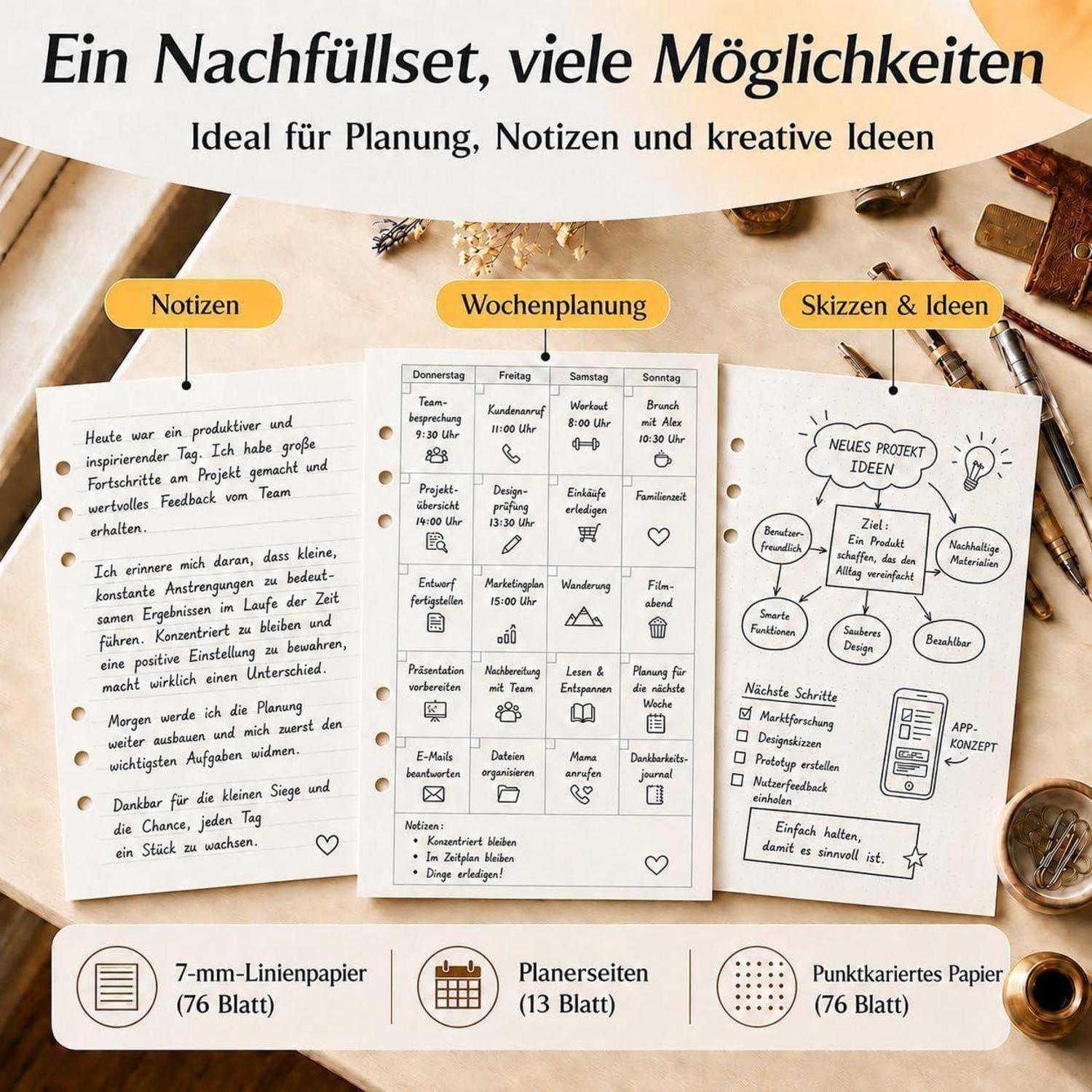 Ringbuch A5 Nachfüllbar mit 165 Blatt, 6-Ring Notizbuch aus PU-Leder | Mit 4 Trennblättern, 2 Reißverschlusstaschen und Kartenfächern – A5 Binde