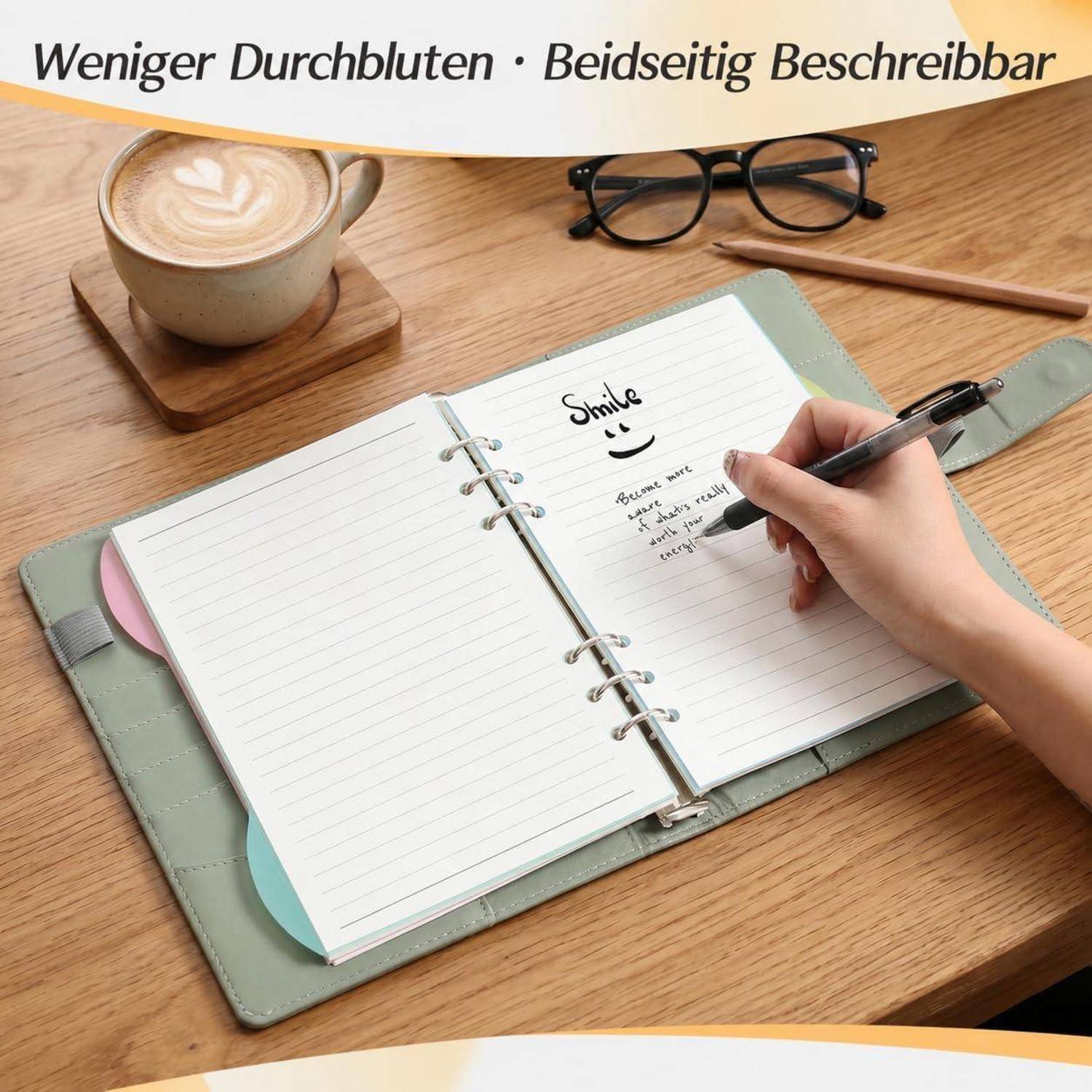 Handschrift in einem Spiralblock neben Kaffee und Brille auf einem Schreibtisch; Banner-Text lautet „Weniger Durchbluten · Beidseitig Beschreibbar