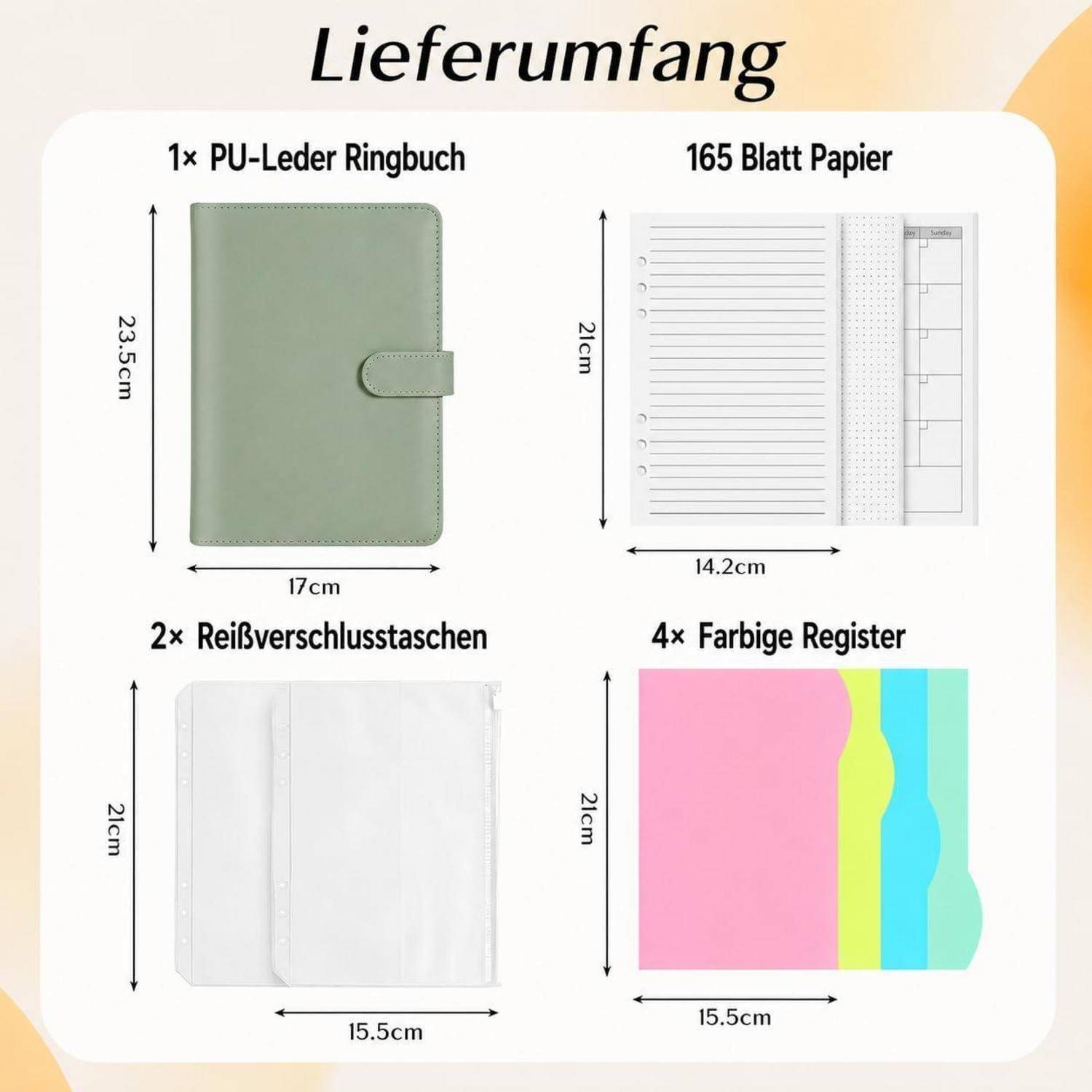 Illustration der Planerinhalte: PU-Leder-Ringordner, 165 Blatt Papier, 2 Reißverschlusstaschen und 4 farbige Registerkarten mit angegebenen Größen.