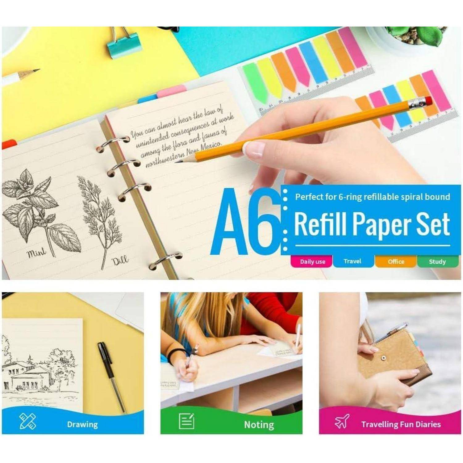 A6-Nachfüllpapiersatz für 6-Ring-Spiralbinder, dargestellt mit Notizbuchseiten und Registerkarten für den täglichen Gebrauch, Reisen, Büro, Studium, Zeichnen, Notizen und Tagebücher.