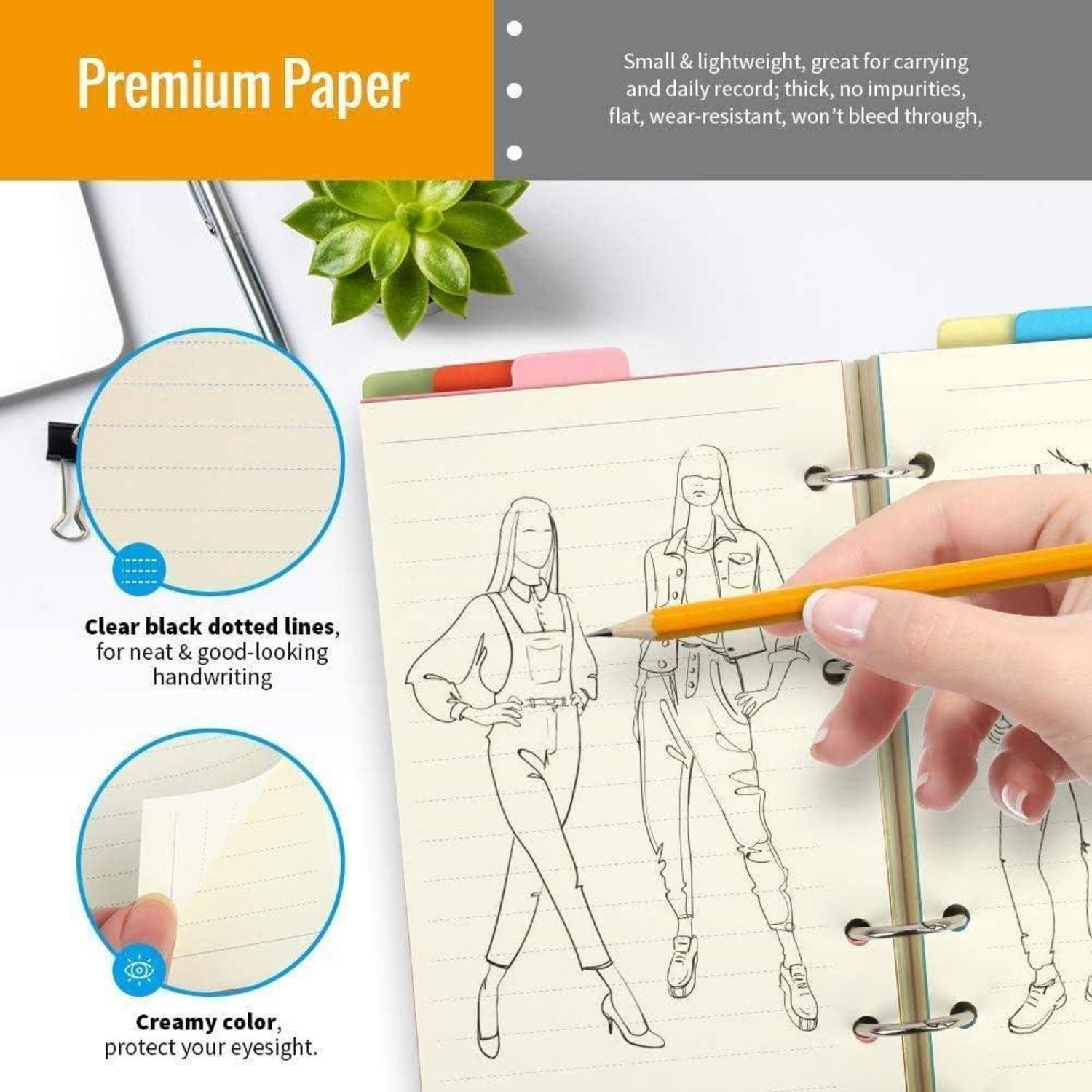 Werbeseite eines Notizbuchs mit der Bezeichnung „Premium Paper