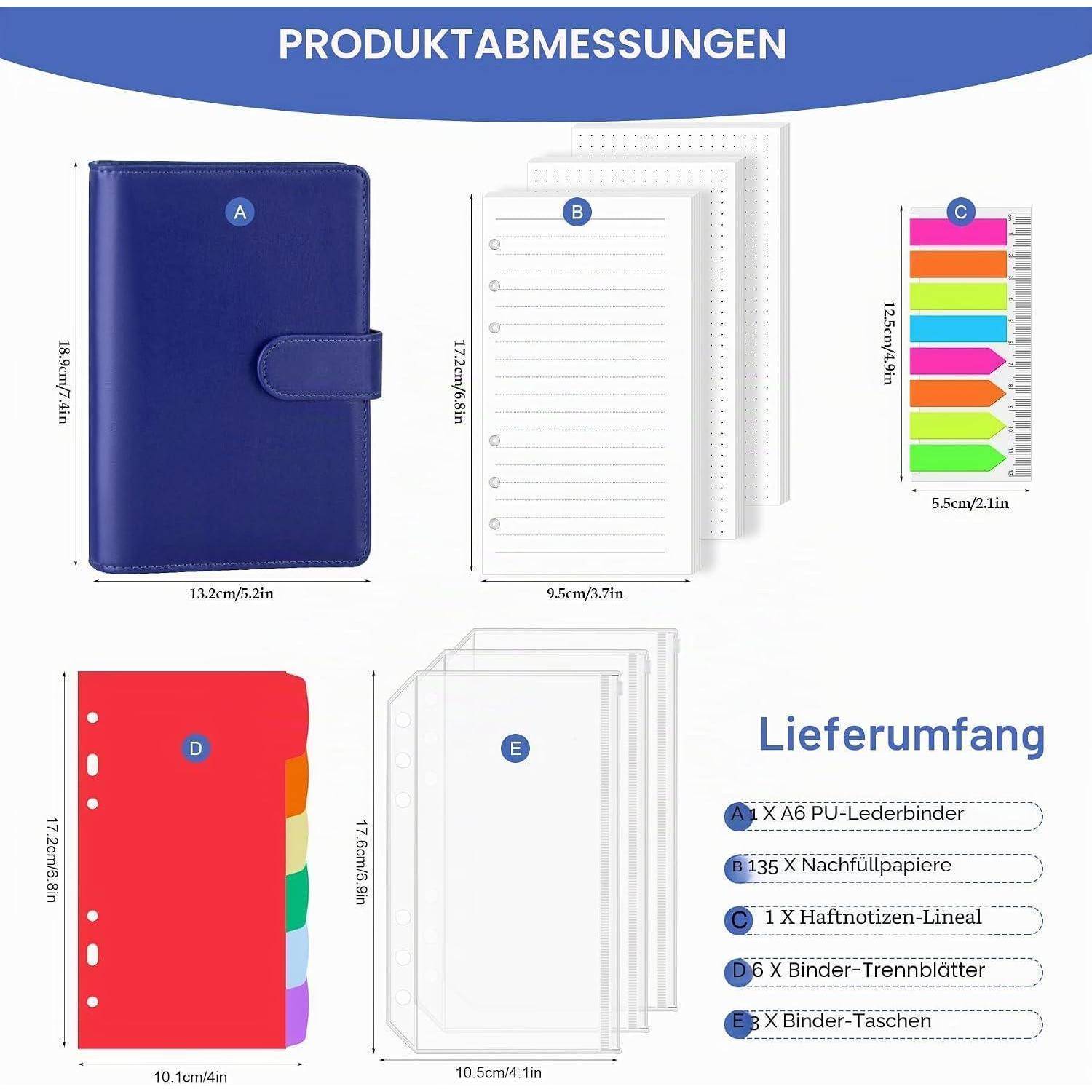 AKONEGE Ringbuch A6 PU-Leder nachfüllbares Notizbuch mit 135 Blatt 6 Löcher A6-Nachfüllpapier, Bindertaschen, Trennblätter, Haftmarkern, Planer-Or