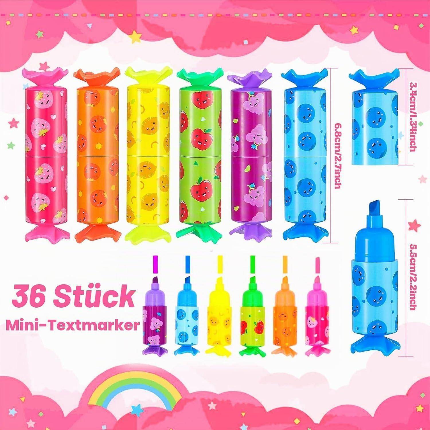 Anzeige für 36 Mini-Bonbon-förmige Textmarker in sechs Farben, mit Vollgröße- und Mini-Textmarkern mit gekennzeichneten Größen von 6,8cm/2,7in und 5,8cm/2,2in.