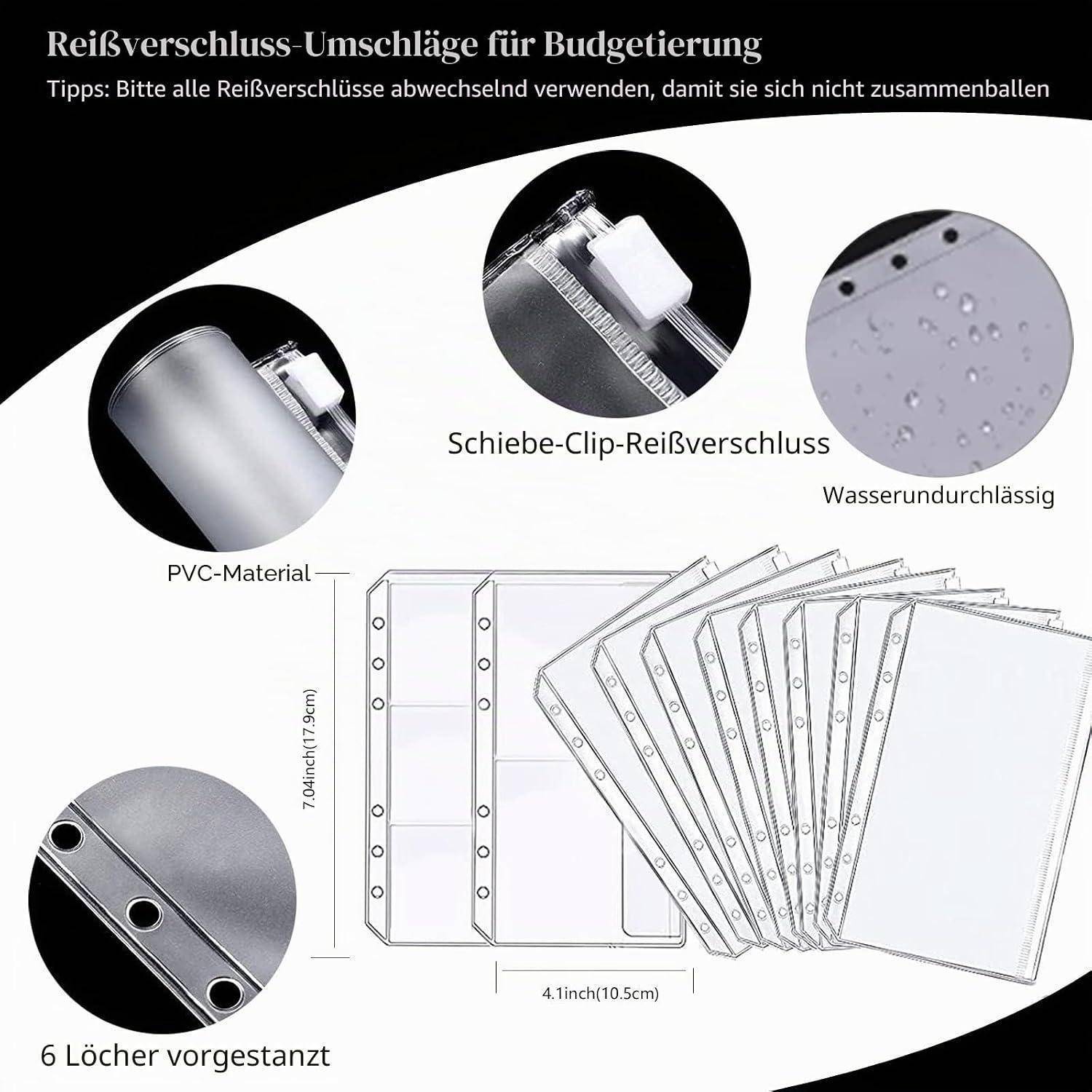 Infografik von klaren PVC-Reißverschlussbeuteln zum Budgetieren, zeigt Schiebereiß verschluss, wasserdichtes Material, vorgestanzte 6 Löcher und Größen von etwa 4,1 x 7 Zoll.