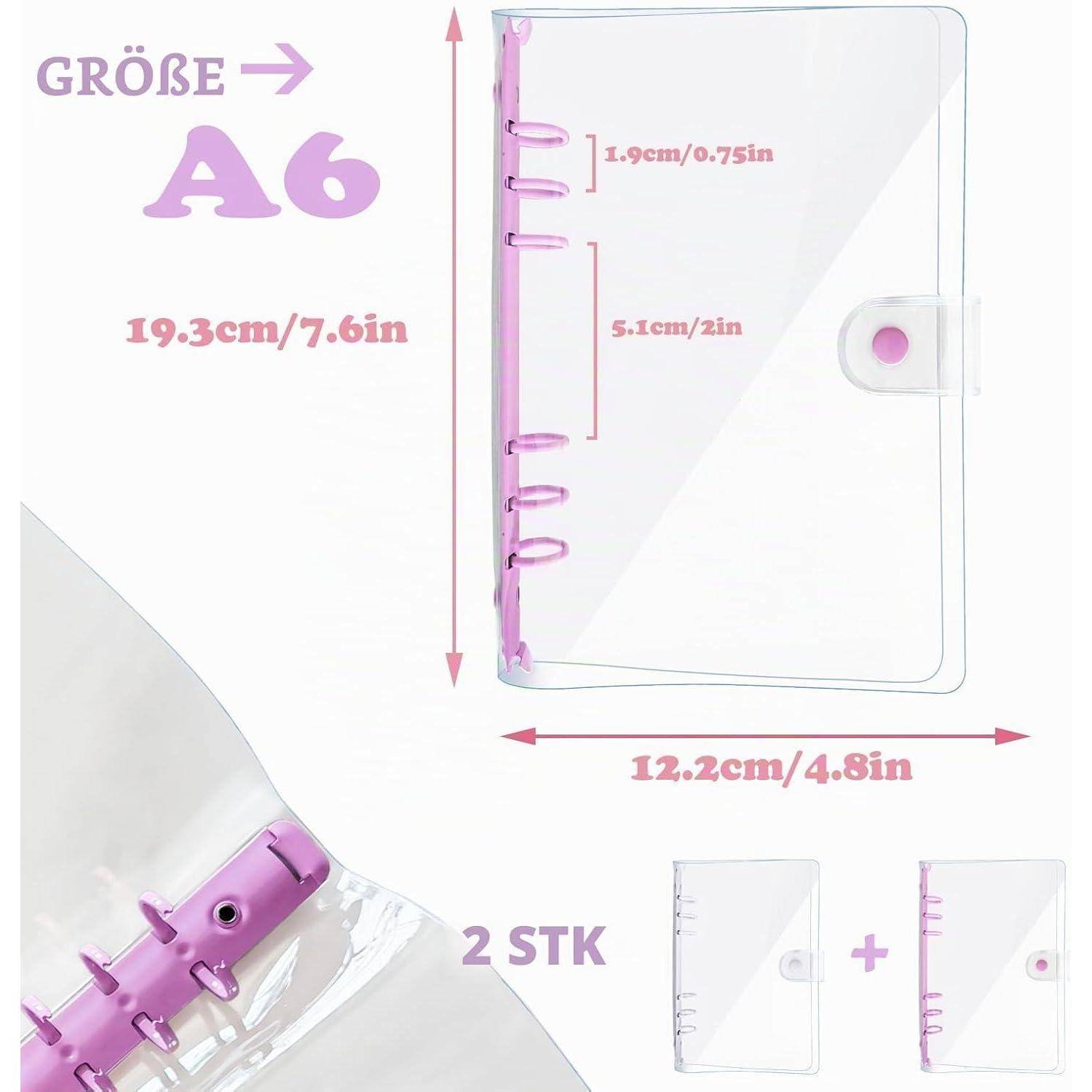 Transparente A6-Bindermappe mit violetten Ringen, zeigt Größe 19,3 x 12,2 cm, Ringabstand 5,1 cm und 2er-Pack.