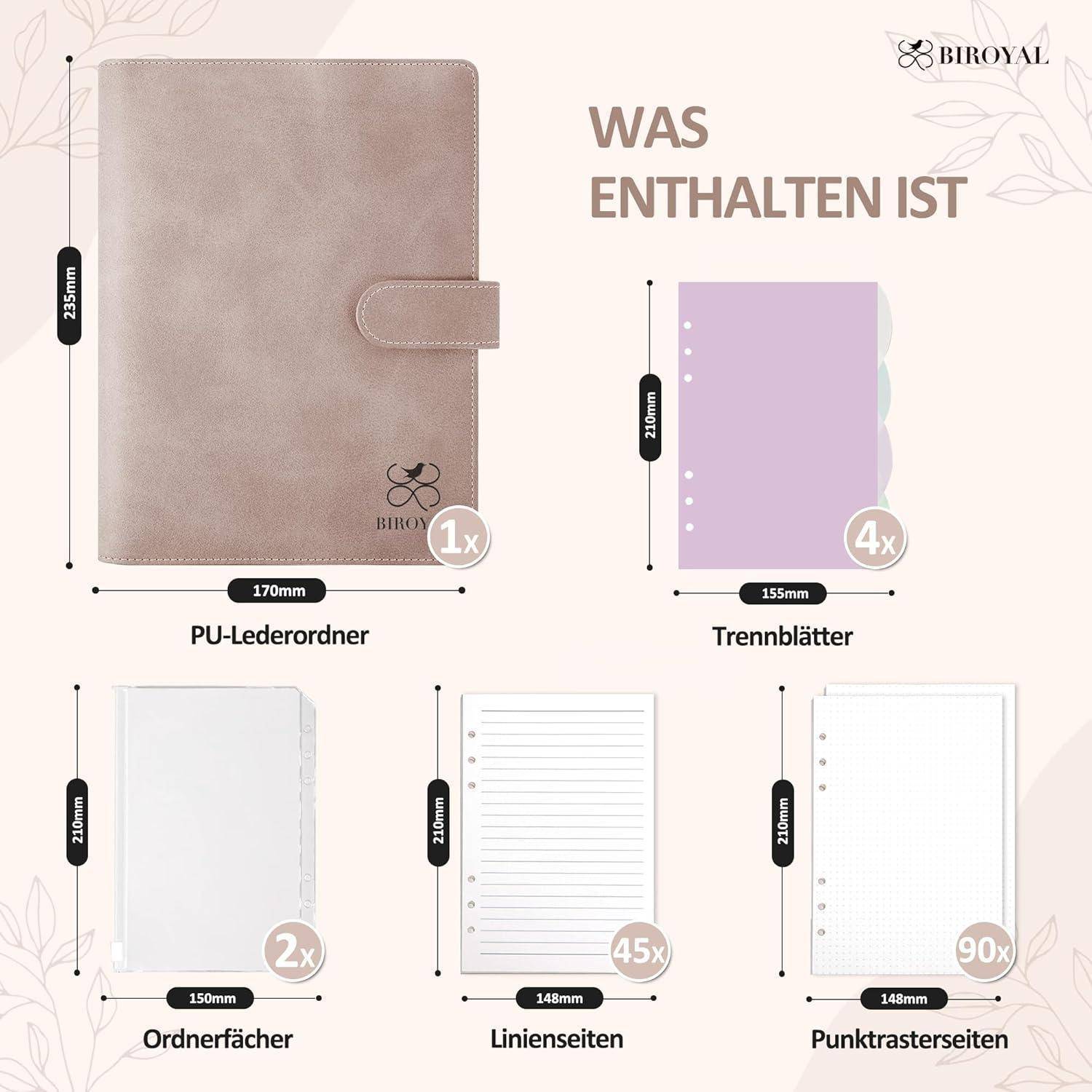 BIROYAL Notizbuch Ringbuch A5 Nachfüllbar, 6 Loch A5 Binder, Rosa | PU Ringordner A5 mit 135 Blatt Nachfüllpapier, mehrere Fächer, Flexibel anordne