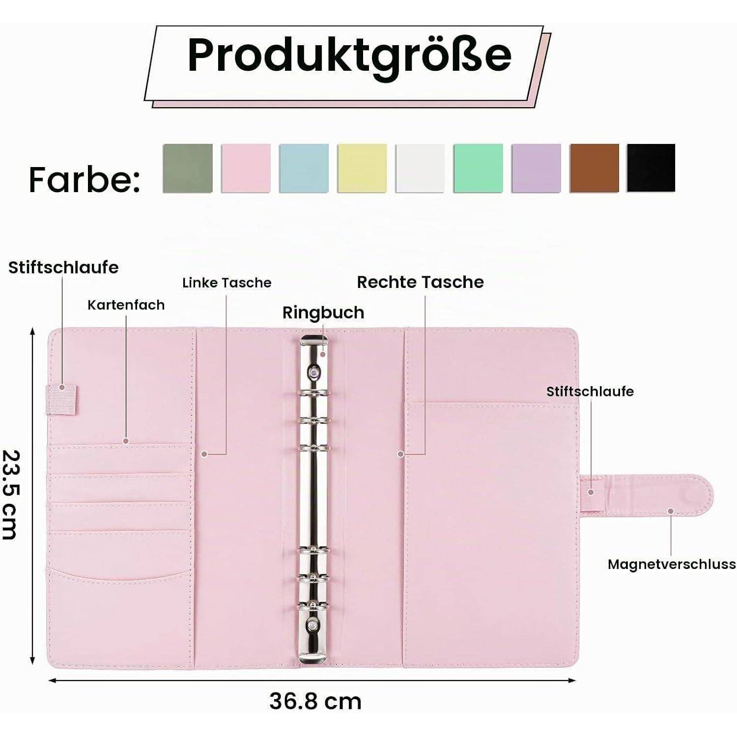 Produktgrößendiagramm eines rosafarbenen Ringordner-Planer-Covers mit angezeigten Farboptionen; die Abmessungen betragen 36,8 cm Breite mal 23,5 cm Höhe, mit gekennzeichneten Taschen, Kartenfach, Stiftschlaufe und Magnetverschluss.