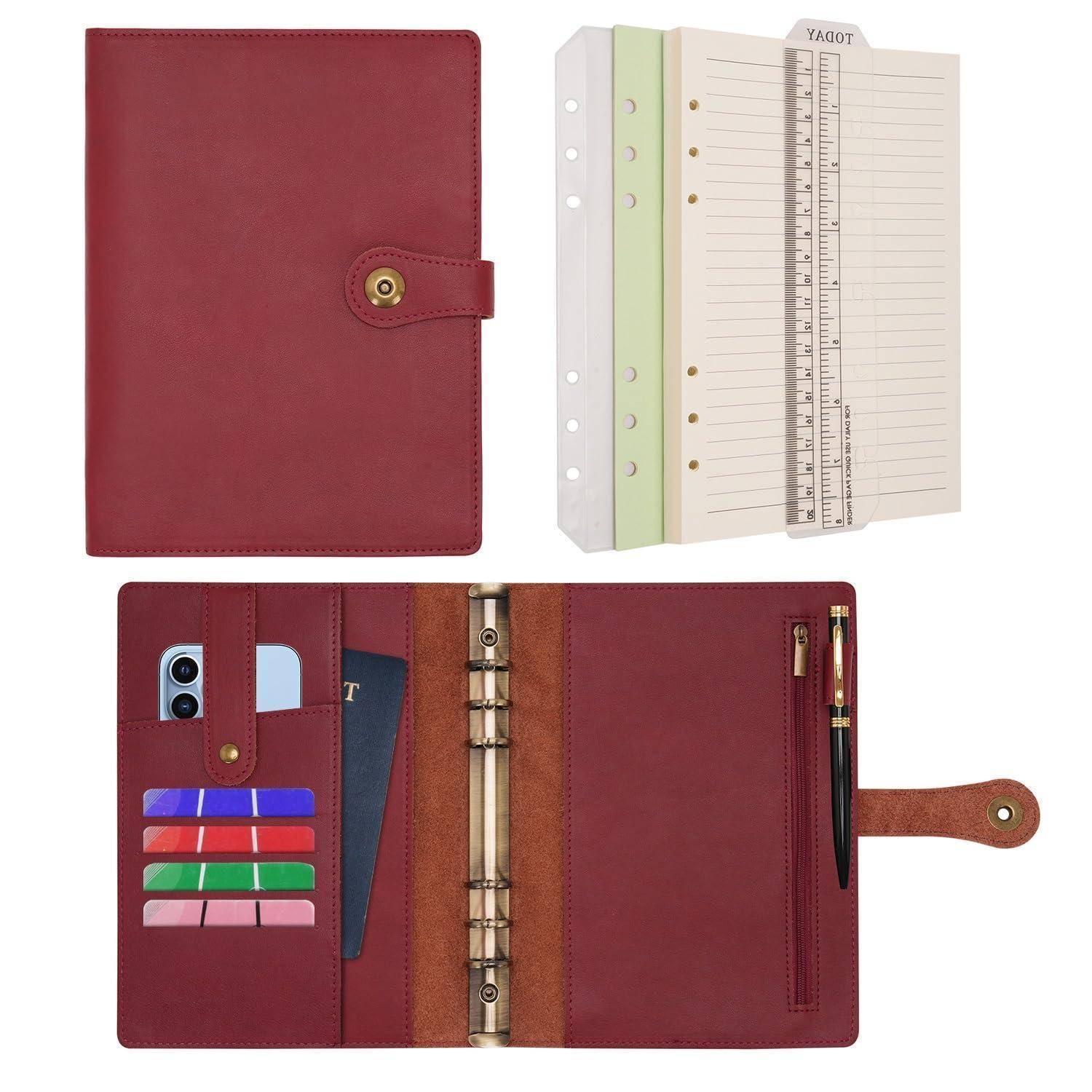 Burgunderroter Lederplaner-Organizer geschlossen gezeigt, mit abnehmbaren Registerseiten und offenem Inneren mit Kartenschlitzen, Stifthalter, Reißverschlusstasche und Ringbinder.