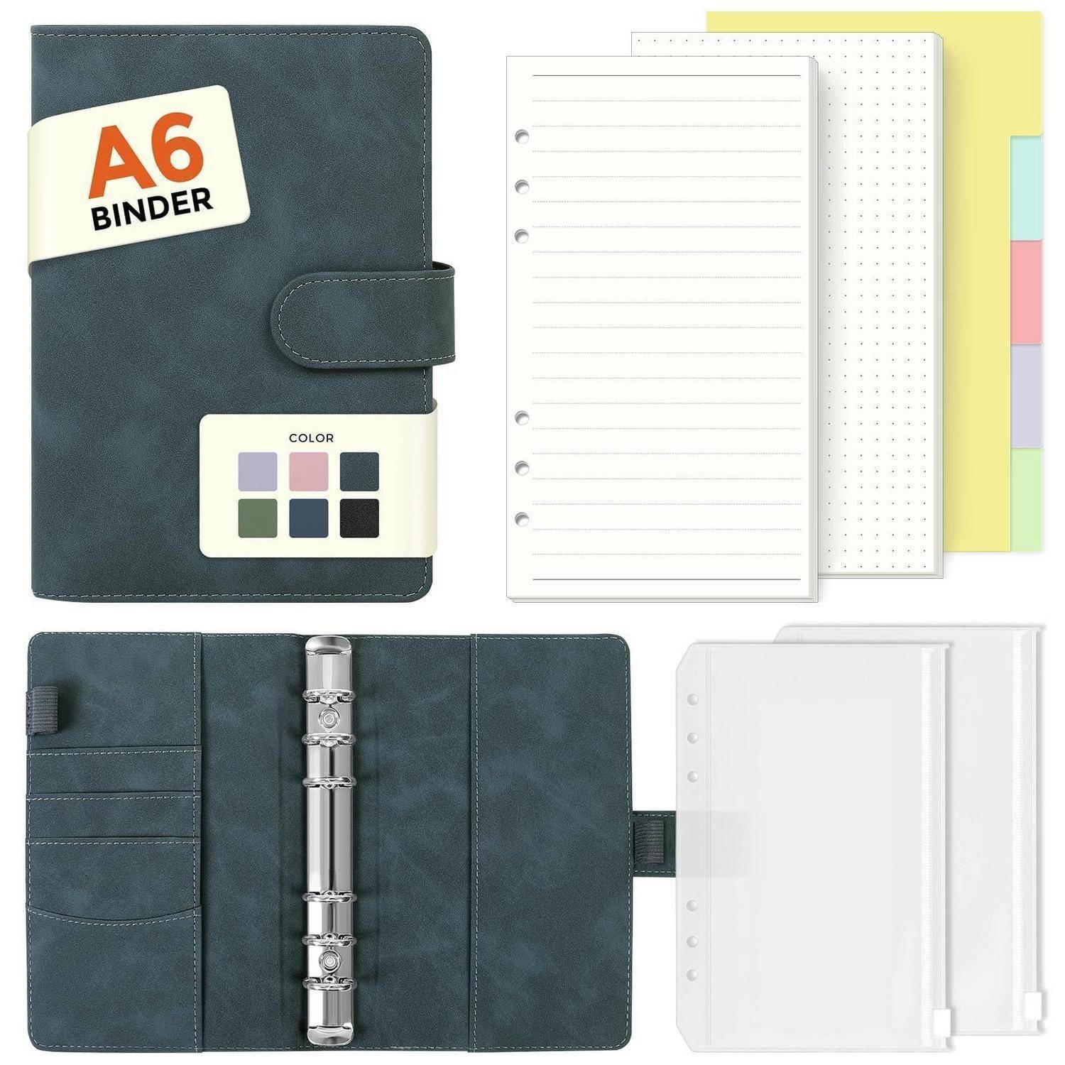 A6-Ringbindorganizer mit Taschen und Farbmuster, geschlossen und geöffnet gezeigt, mit linierten und leeren Einlagen innen.