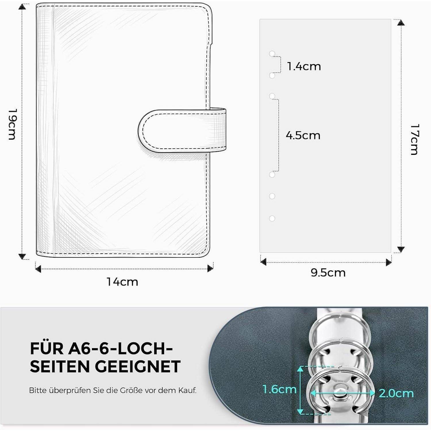 A6 6-Loch-Binderumschlag mit Abmessungen: 19 cm × 14 cm, Seiten 17 cm × 9,5 cm und Lochabstand von 1,4 cm und 4,5 cm; Text besagt „FÜR A6-6-LOCH-SEITEN GEEIGNET