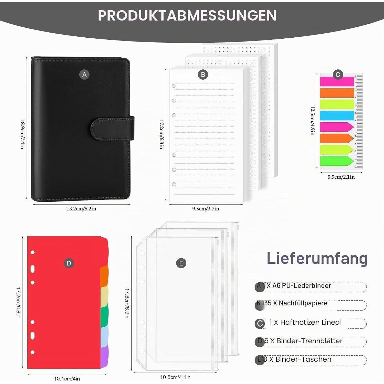 Produktmessungs-Infografik mit einem schwarzen Ringordner, linierten Nachfüllpaketen, farbigen Registerkarten, roten Trennblättern und transparenten Taschen mit Abmessungen und einer Liste des Lieferumfangs.