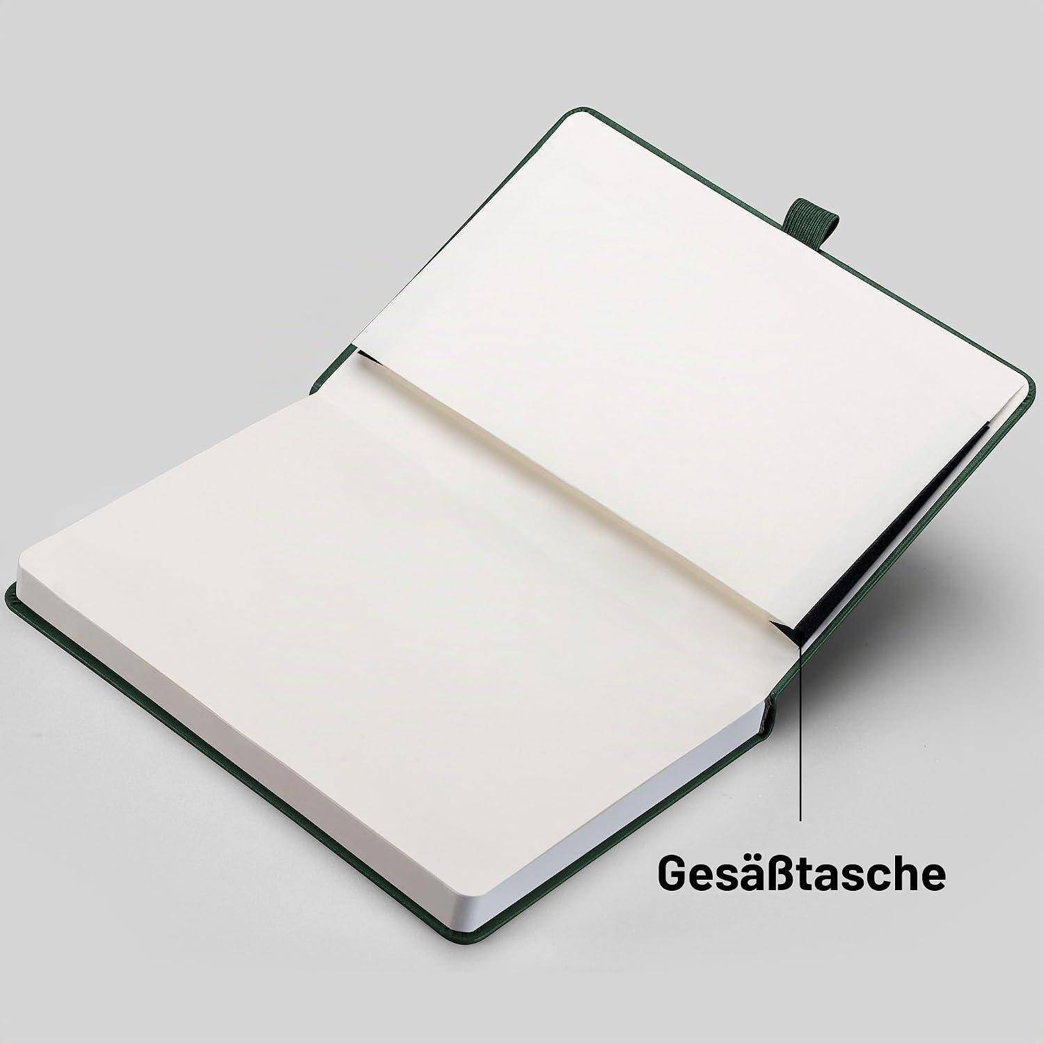 Notizbuch mit eingebauter Rückentasche mit der Beschriftung „Gesäßtasche