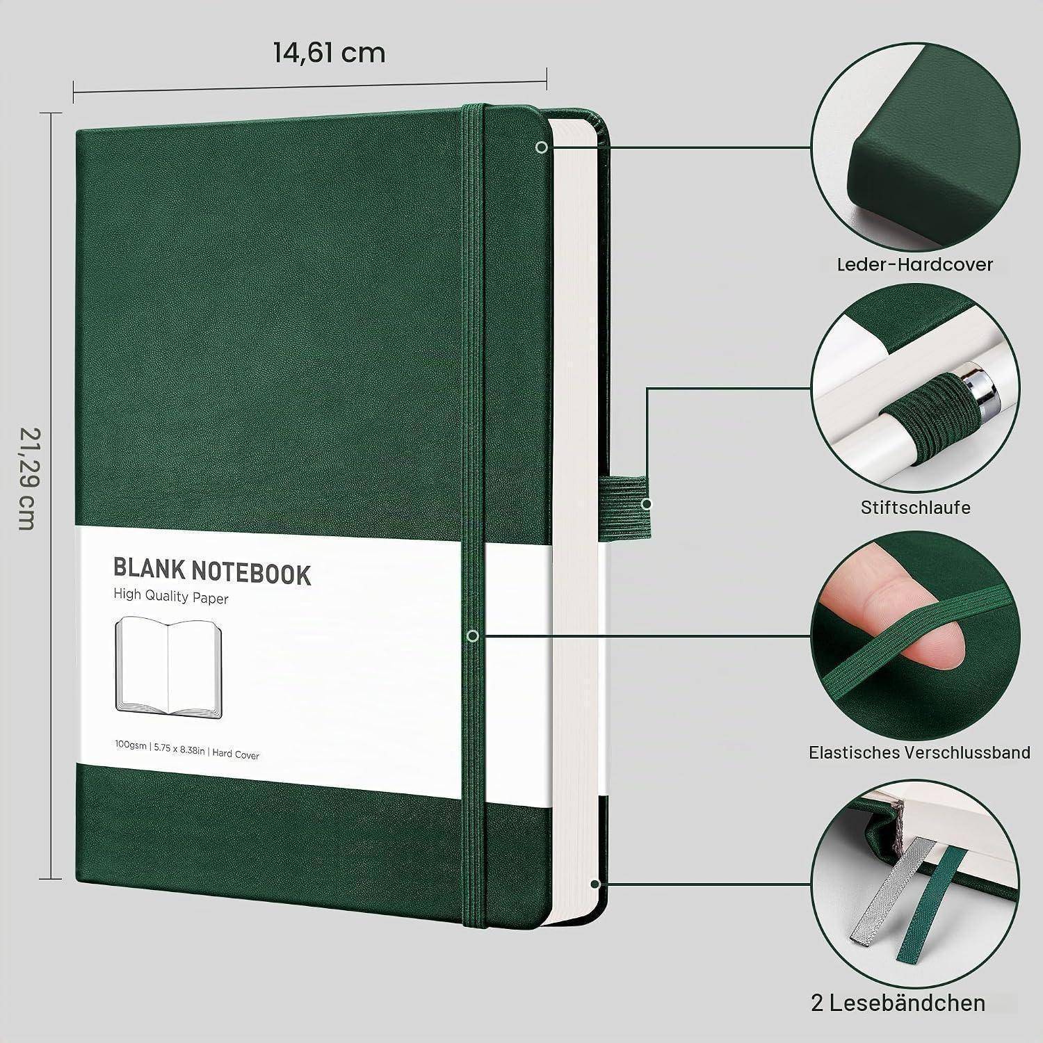 Grünes Hardcover-Notizbuch mit blanken Seiten, mit Abmessungen von 14,61 cm x 21,29 cm, Lederhülle, Stiftschlaufe, elastischer Verschluss und zwei Lesezeichen aus Band.