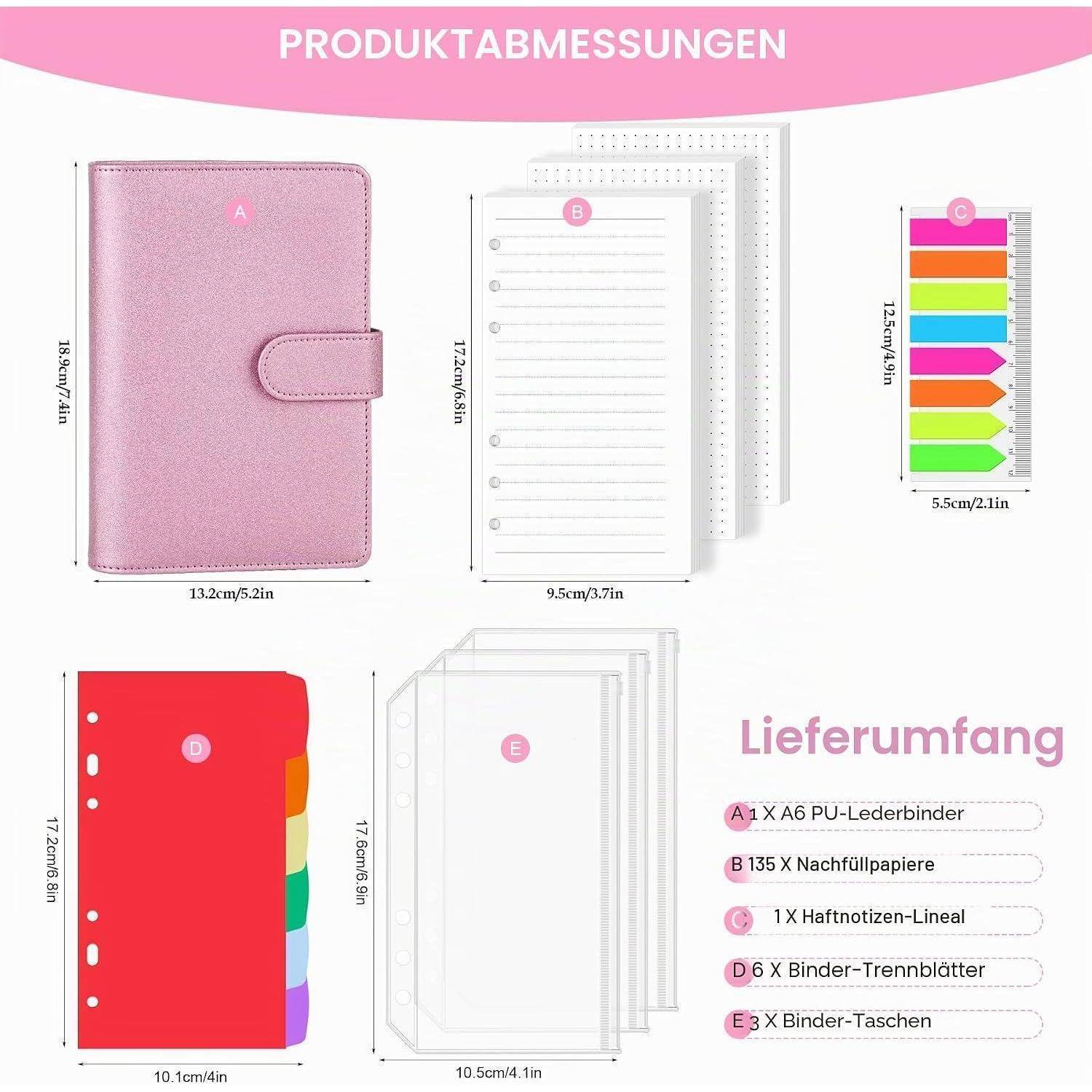 AKONEGE Ringbuch A6 PU-Leder nachfüllbares Notizbuch mit 135 Blatt 6 Löcher A6-Nachfüllpapier, Bindertaschen, Trennblätter, Haftmarkern, Planer-Or