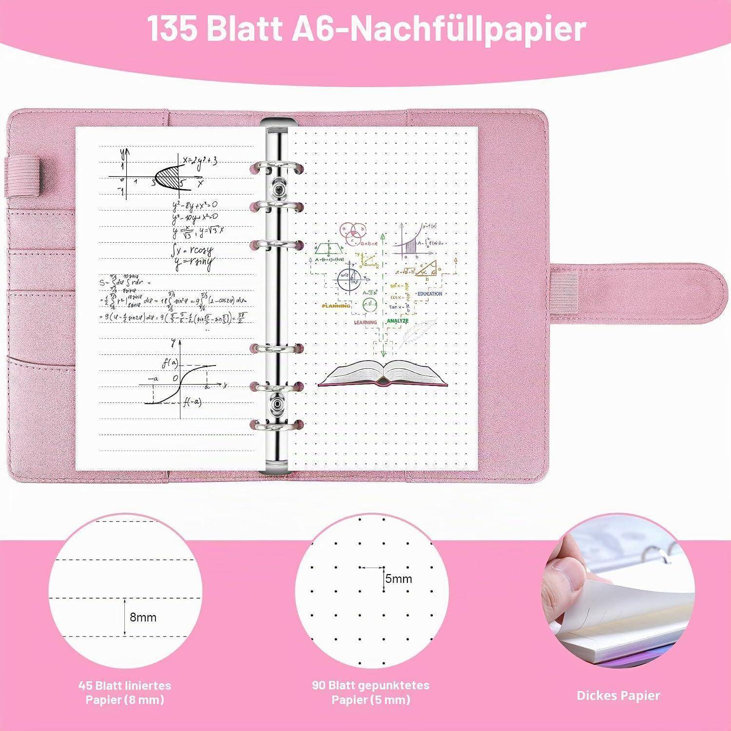 Rosa ringgebundenes Notizbuch mit Nachfüllpapier, das offen gezeigt wird und linierte und punktierte Seiten mit handschriftlichen Mathenotizen enthält; der Text besagt „135 Blatt A6-Nachfüllpapier