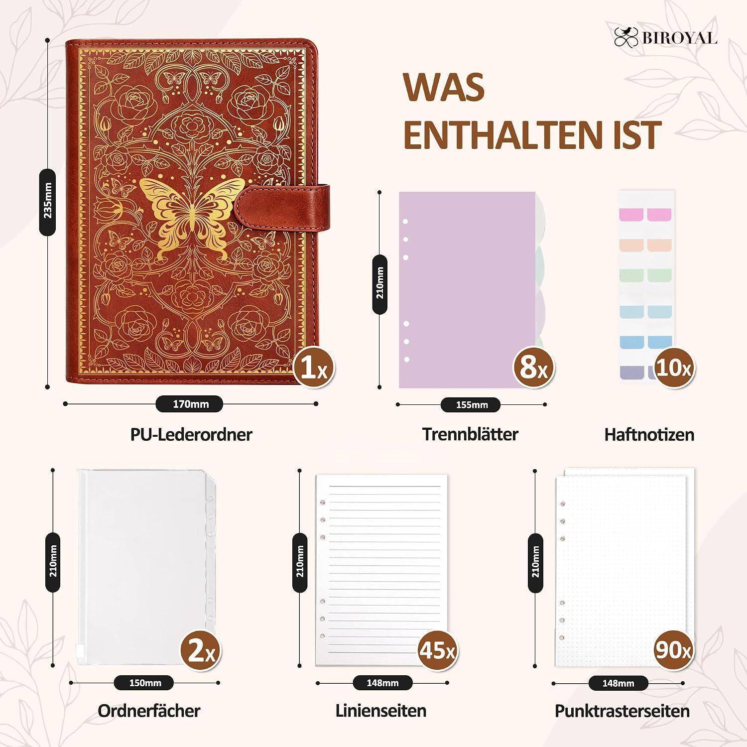 Infografik mit einem braunen Ringordner aus PU-Leder und enthaltenen Einsätzen: 8 Trennblätter, 10 Haftnotizen, 2 Taschen, 45 linierte Seiten und 90 gepunktete Seiten, mit beschrifteten Größenangaben.
