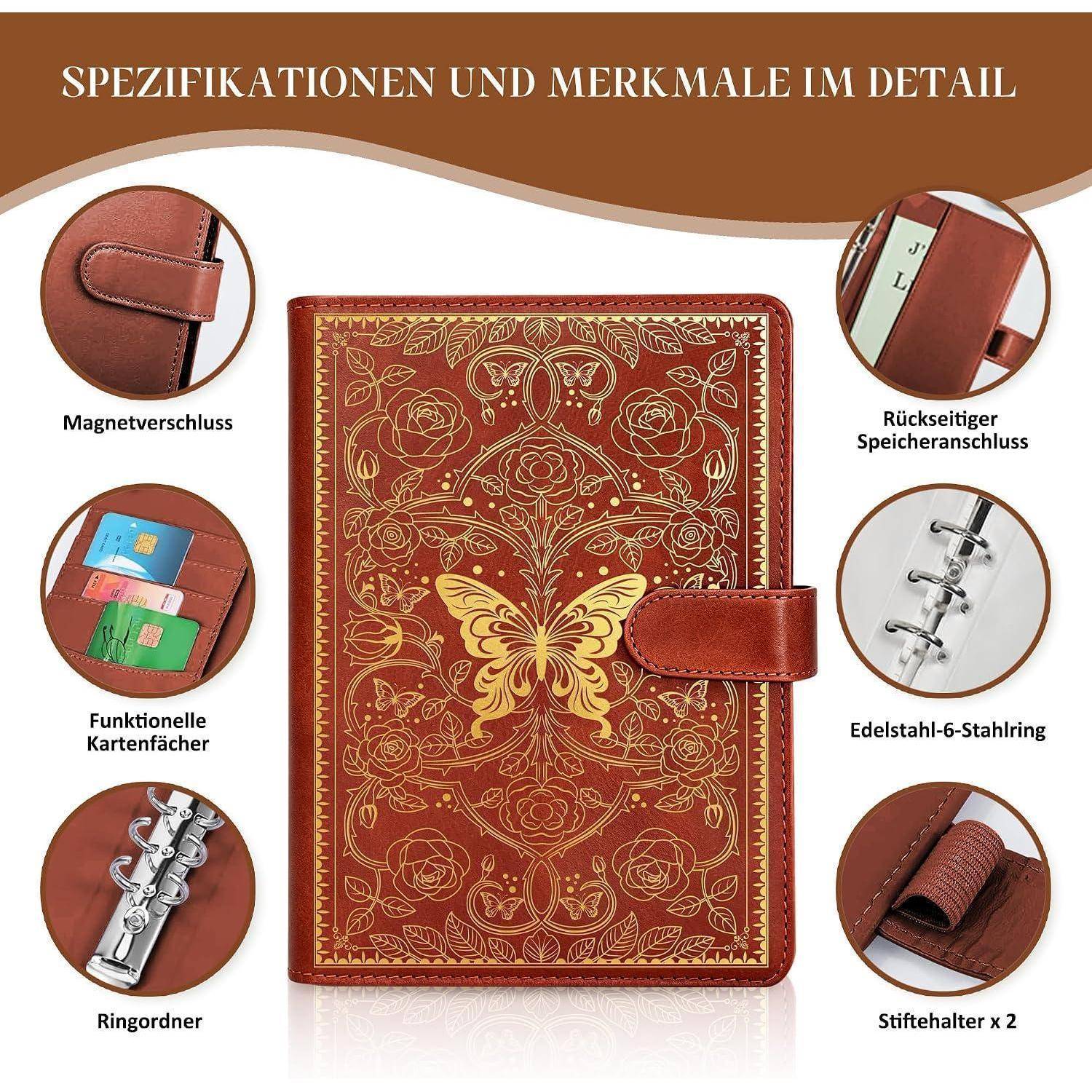 Abbildung eines roten Lederoptik-Ringbinders mit Schmetterlingsdesign, das folgende Funktionen zeigt: Magnetverschluss, Kartensteckplätze, hinterer Aufbewahrungsplatz, 6er-Ringbinder und zwei Stifthalter.