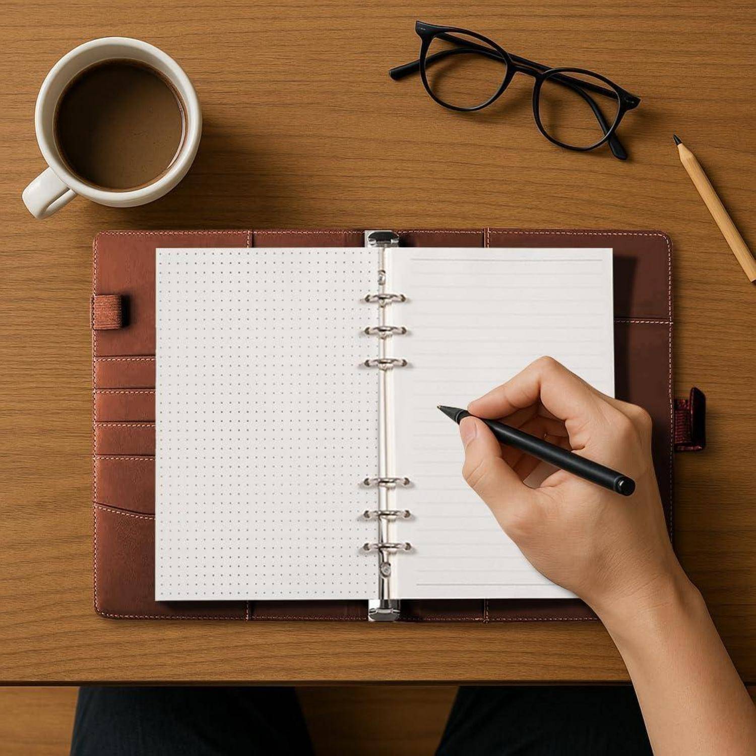 Handschrift in einem offenen Notizbuch auf einem Holzschreibtisch neben einer Kaffeetasse, einer Brille und einem Bleistift.