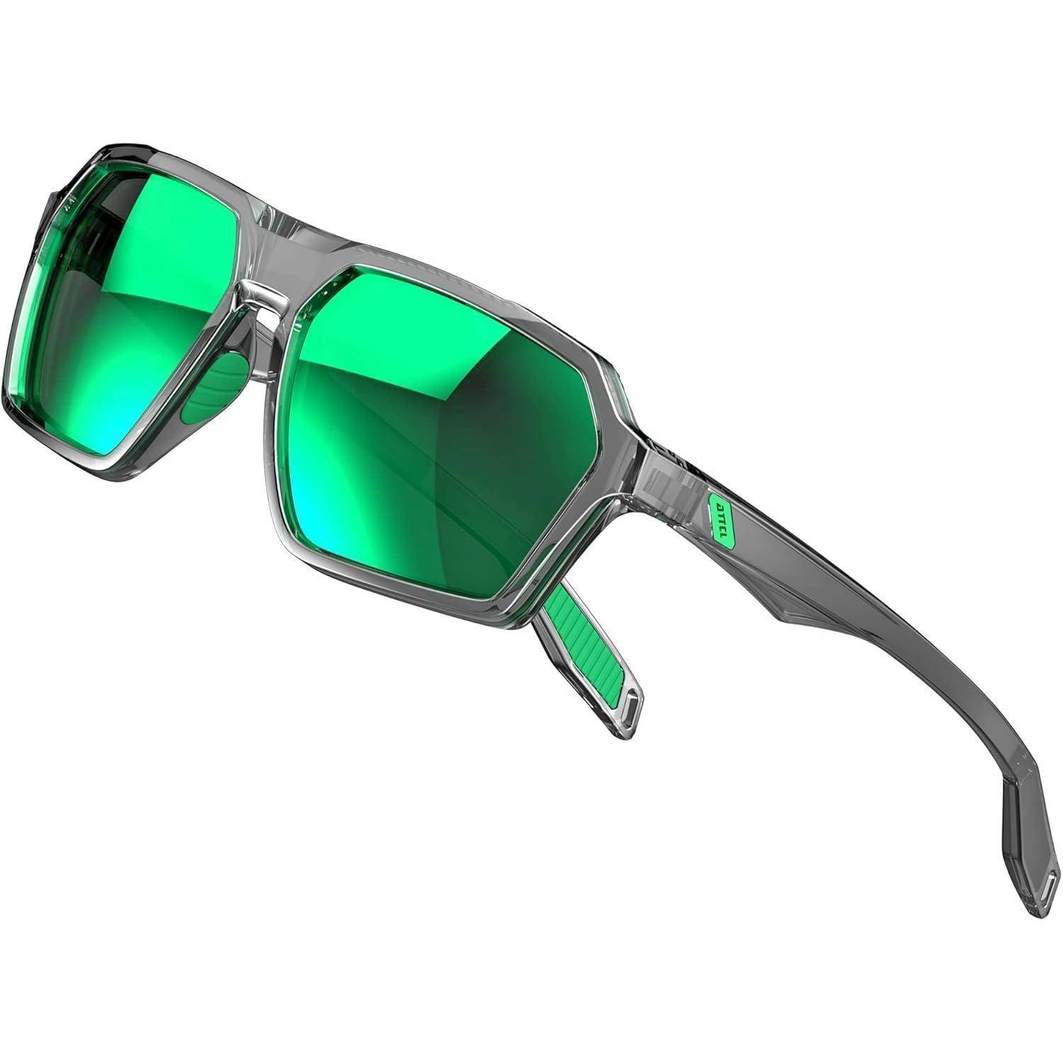 Schwarzgerahmte Sonnenbrille mit leuchtend grünen verspiegelten Gläsern auf weißem Hintergrund.
