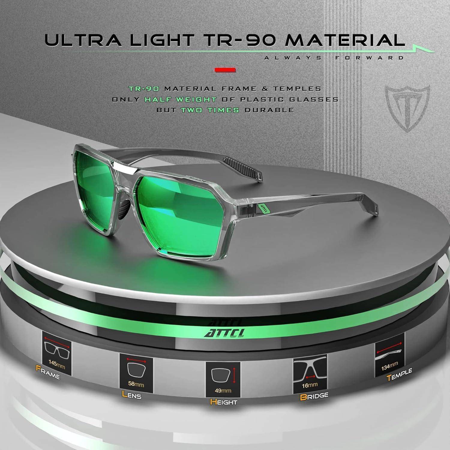 Werbebild von sportlichen grünen Gläsern auf einem Displayständer, mit Text, der das "ULTRA LEICHTE TR-90 MATERIAL"" hervorhebt und Abmessungen für Rahmen, Glas, Höhe, Steg und Bügel zeigt.